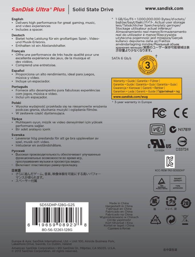 Disco duro SSD de 128Gb - Sandisk Ultra Plus, 2,5 pulgadas, SATA III, color negro