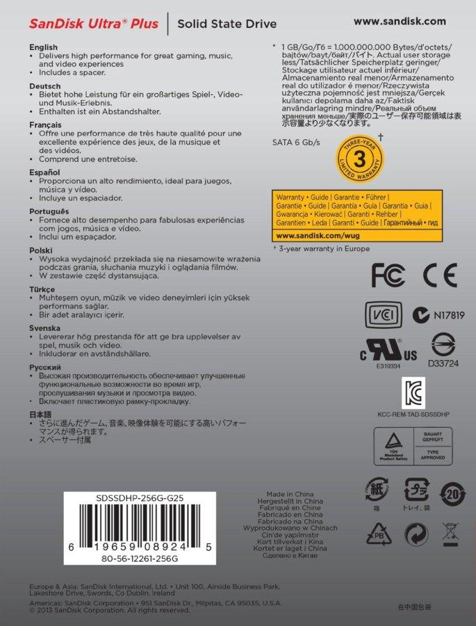 Disco duro SSD de 256Gb - Sandisk Ultra Plus, 2,5 pulgadas, SATA III, color negro