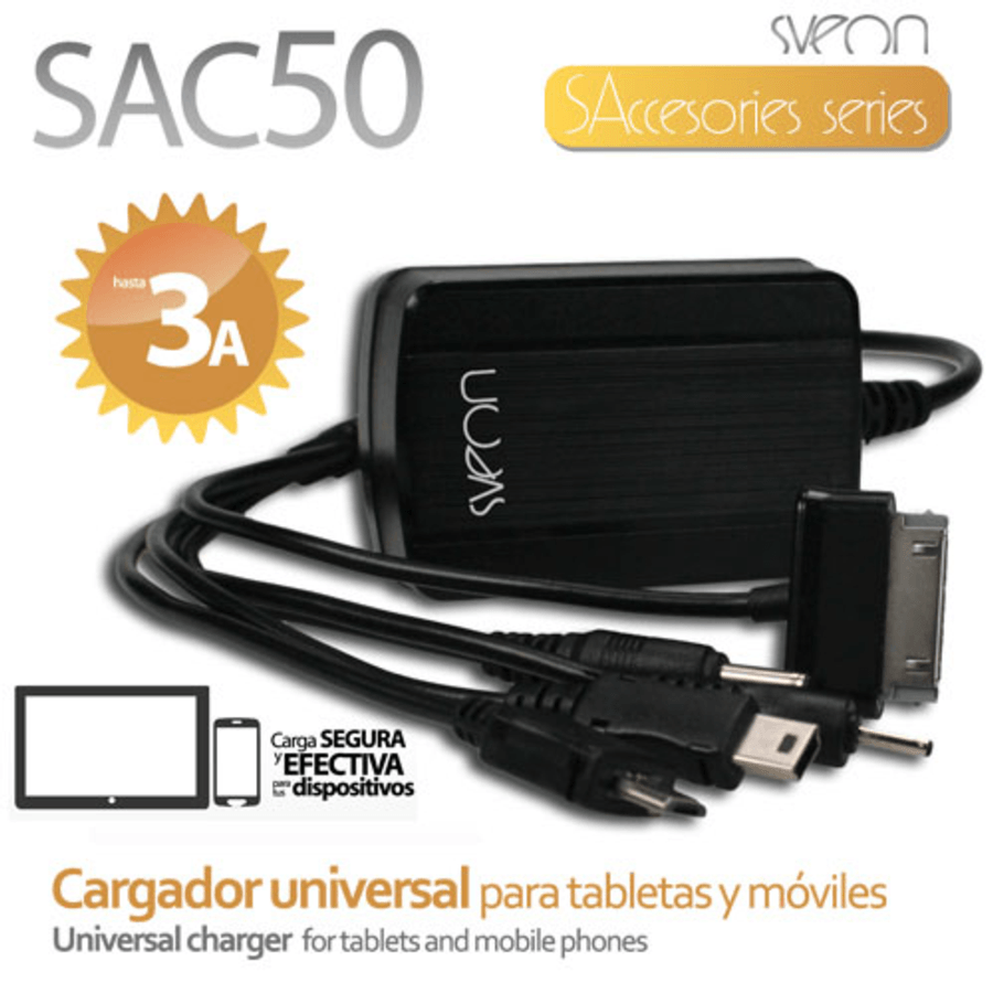 Cargador universal - Sveon SAC50, 5 conectores, hasta 3 Amperios, color negro