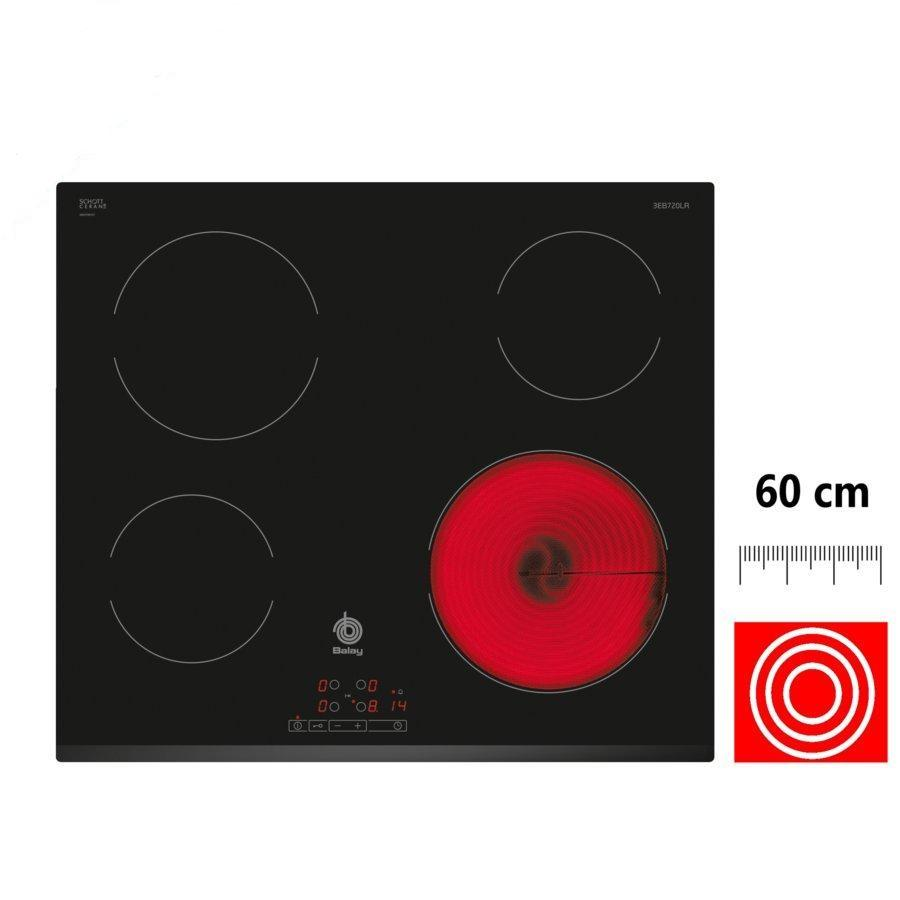 Placa vitrocerámica negra con cuatro zonas. Una roja, indica calor. Marca Balay.
