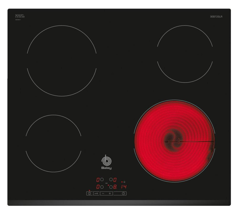 Placa negra con cuatro zonas de cocción circulares, una roja, otras delineadas, en negro.
