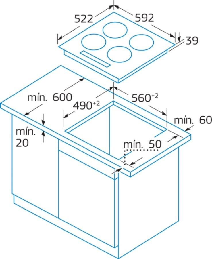 Vista isométrica de una placa de cocina y armarios con dimensiones indicadas.