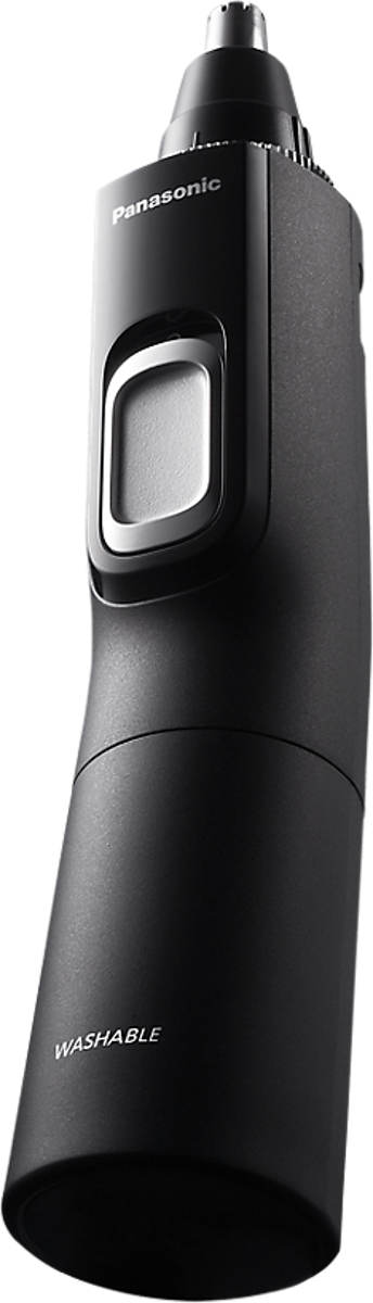 Schwarzer Panasonic Nasenhaartrimmer. Der Trimmer hat einen silbernen Knopf und das Wort 'Washable'.