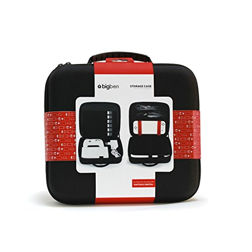 Estuche de almacenamiento negro para Nintendo Switch, con una banda roja e imágenes del producto.