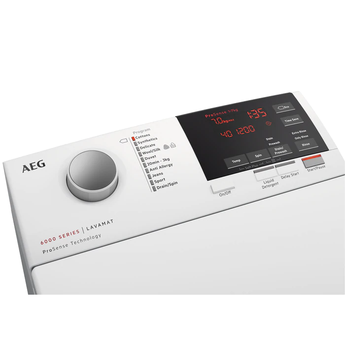 Un panel de control de lavadora AEG blanco con una pantalla digital y varias opciones de programa.