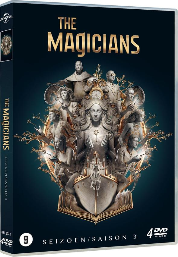 DVD-hoes voor 'The Magicians'. Met meerdere karakters en een gestileerd ontwerp.