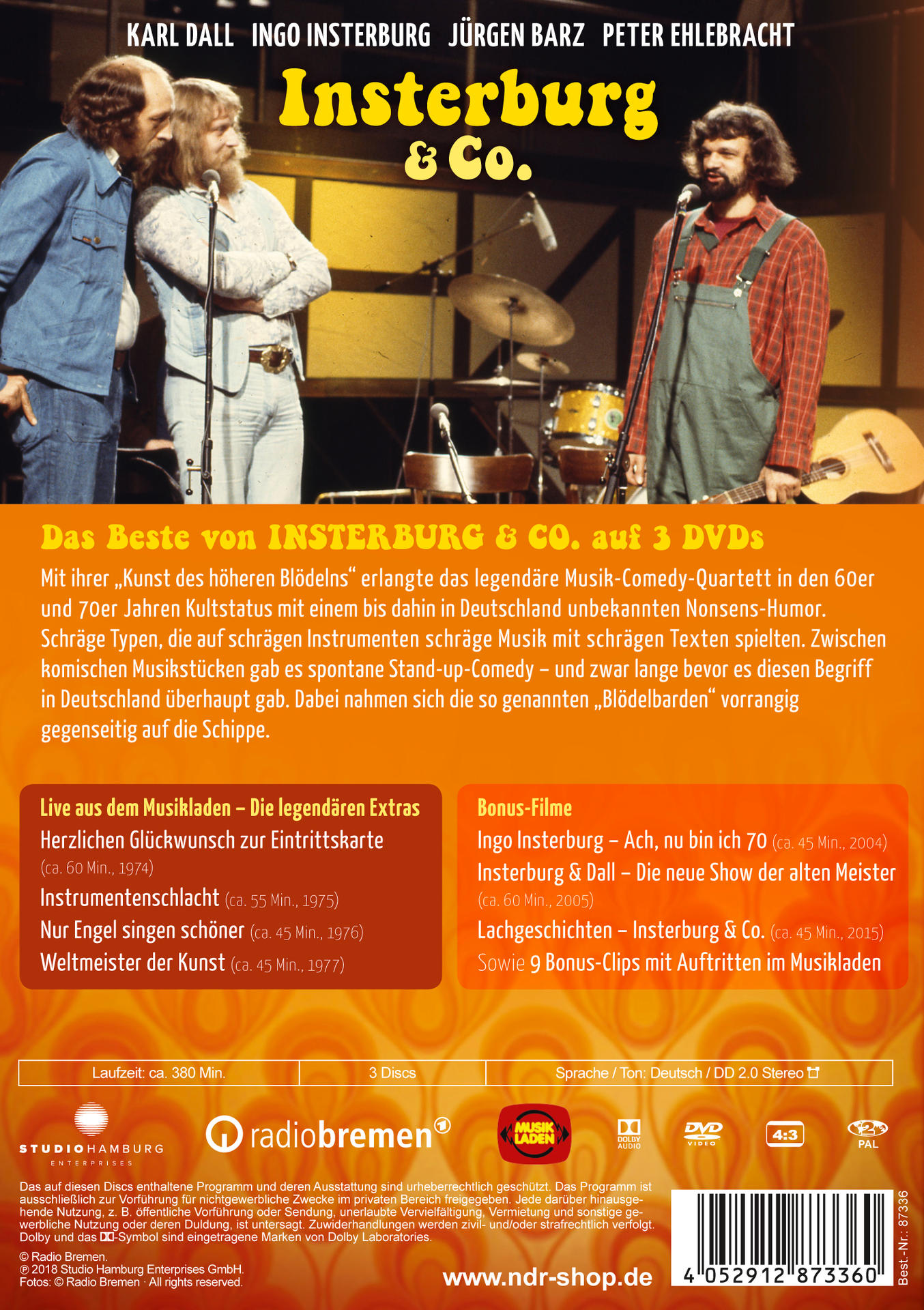 DVD-Cover mit Bandmitgliedern. Titel: Insterburg & Co. mit Karl Dall, Ingo Insterburg, Jürgen Barz, Peter Ehlebracht.