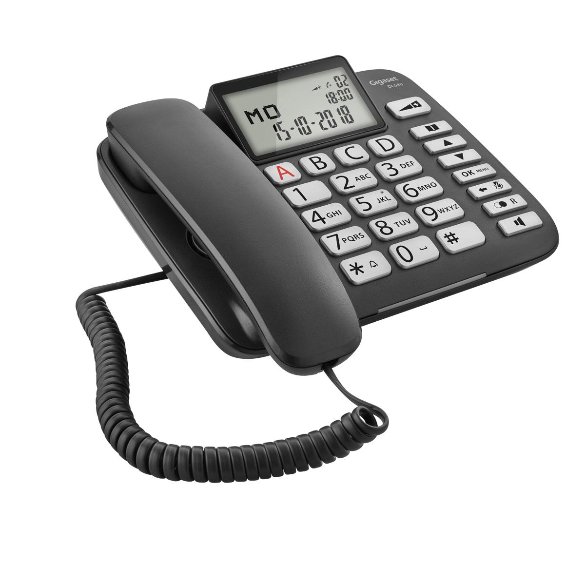 Ein schwarzes schnurloses Telefon mit Display und Zifferntasten. Weißer Hintergrund.