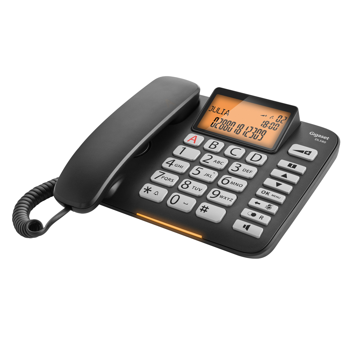 Schwarzes Gigaset DL580 Telefon mit weißen Tasten und orangefarbenem Display. Mit Hörer und Basis.