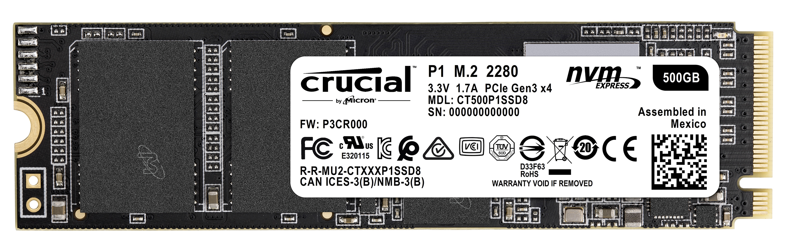 CRUCIAL CT500P1SSD8 Festplatte, 500 GB SSD M.2 via PCIe, intern