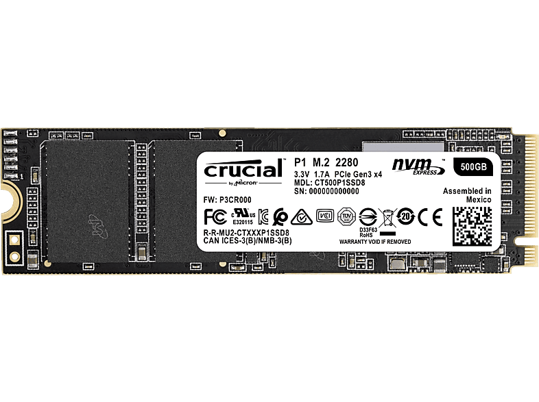 CRUCIAL CT500P1SSD8 Festplatte, 500 via M.2 GB PCIe, SSD intern