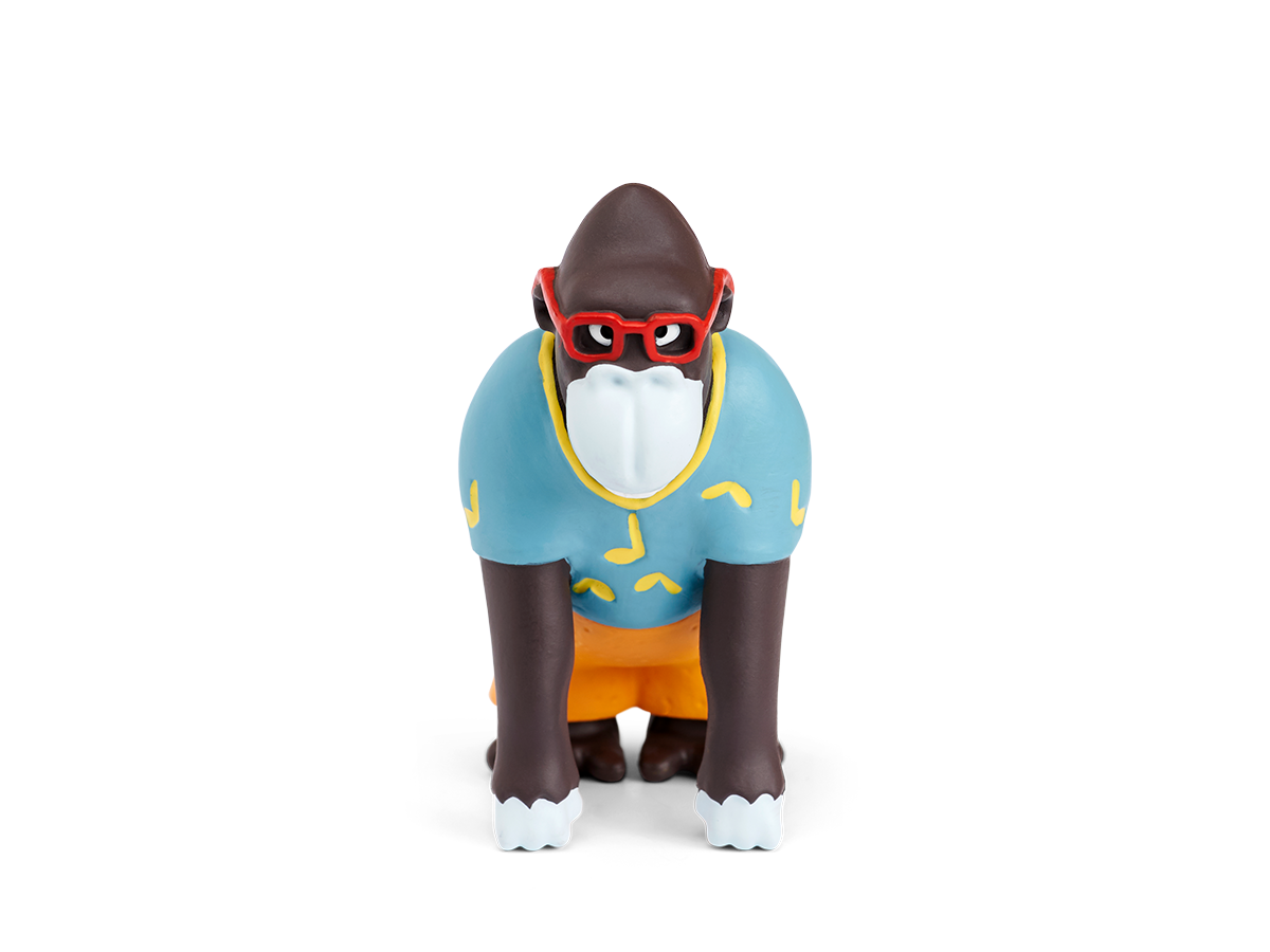 Ein Cartoon-Gorilla mit Brille und blauem Hemd.