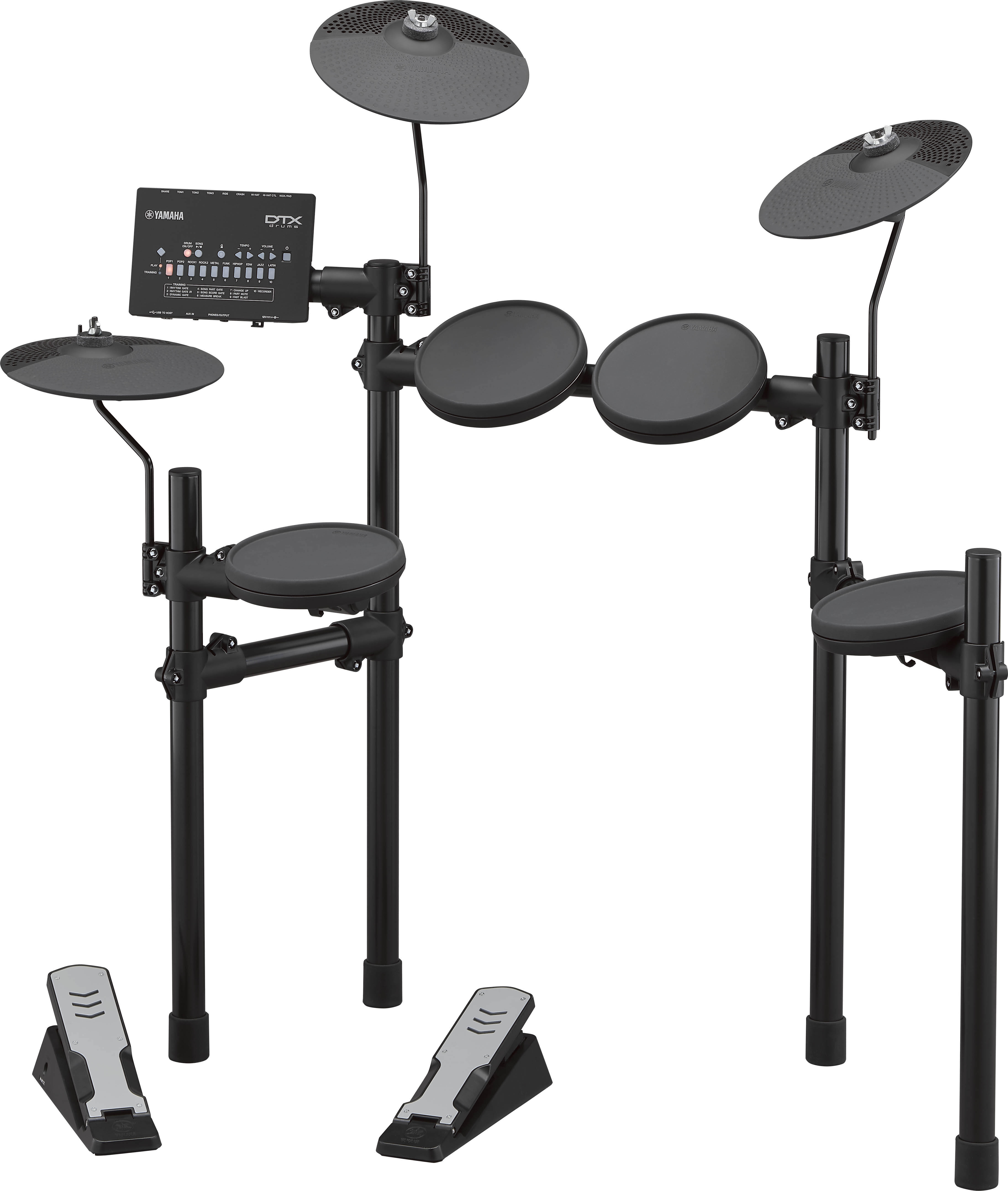 Yamaha DTX E-Drum-Kit, schwarz mit Becken, Pads und Fusspedalen.