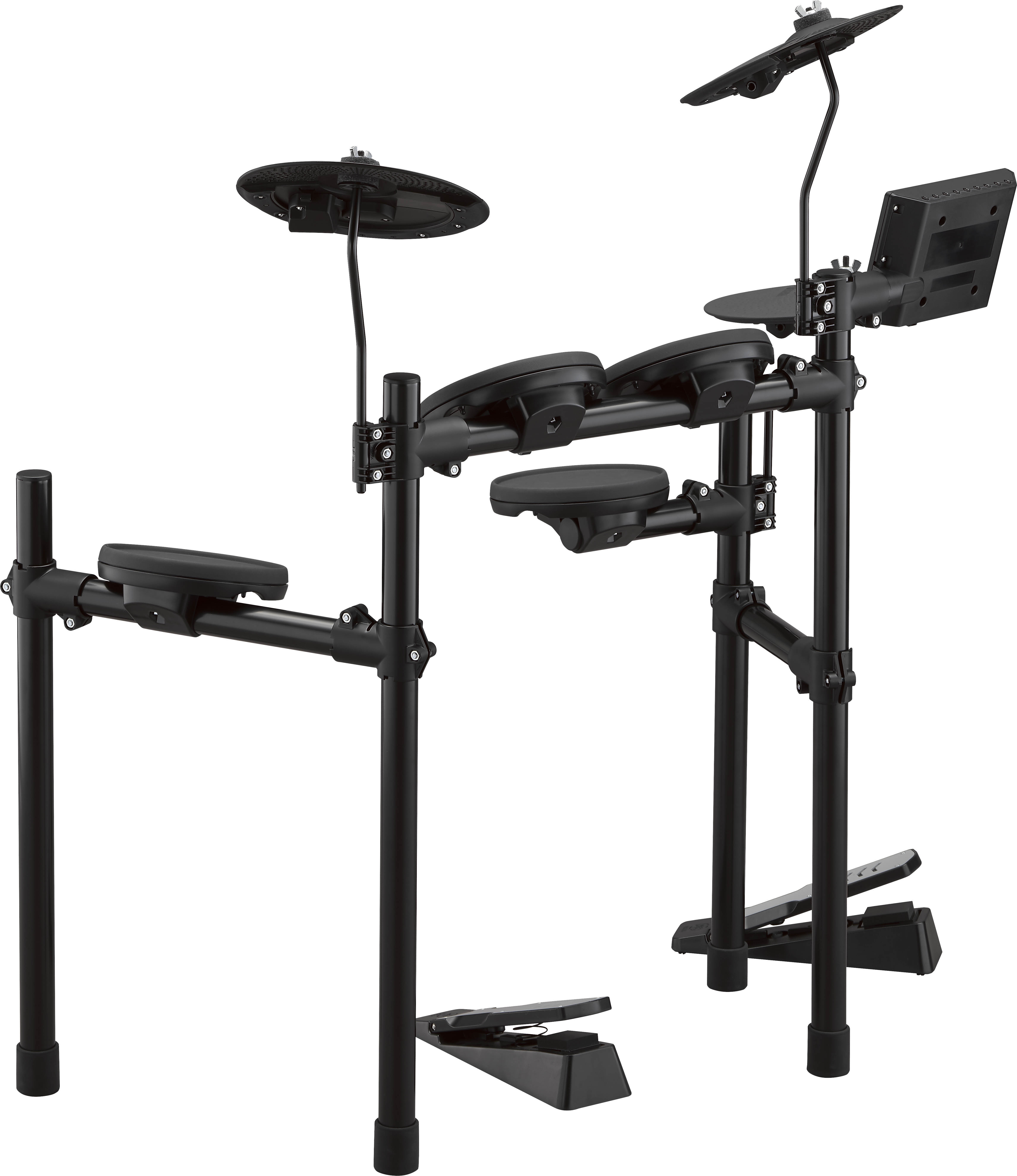 Schwarzes elektronisches Schlagzeug. Enthält Drum-Pads, Becken und ein Steuermodul. Weißer Hintergrund.