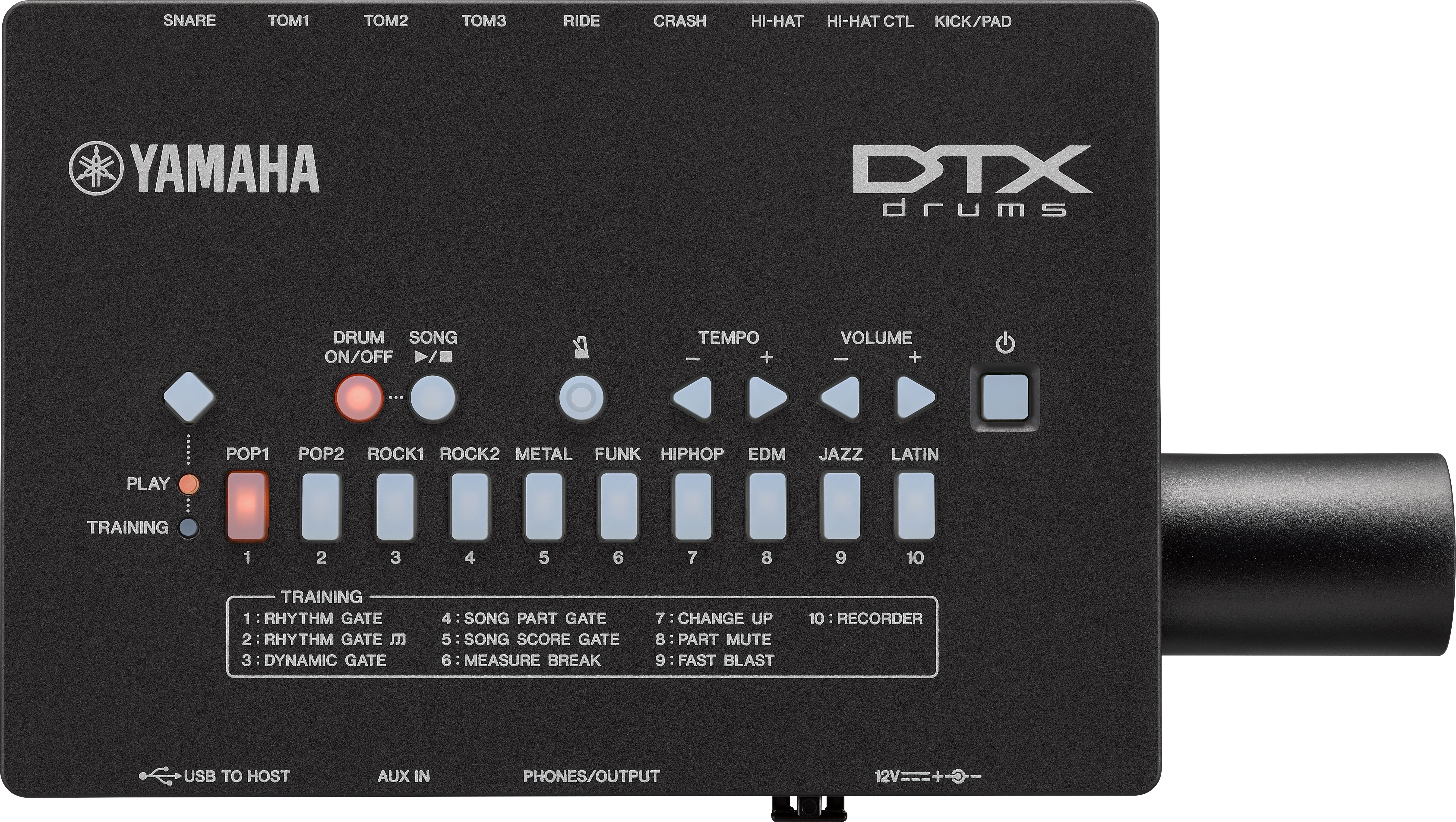 Schwarzes Yamaha DTX Drums Modul mit Knöpfen und Eingängen.