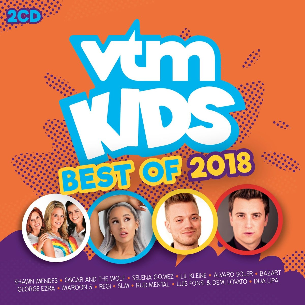 Pochette de CD avec le titre 'VTM Kids' et portraits d'artistes, dont Shawn Mendes et Selena Gomez.