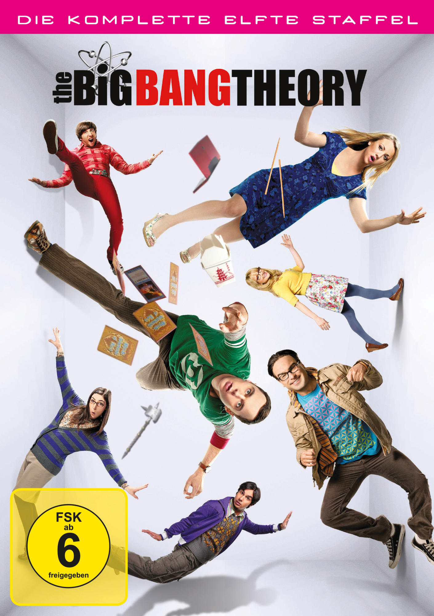 The Big Bang Theory DVD-Cover mit schwebenden Darstellern. Enthält Serientitel und FSK-Kennzeichen.