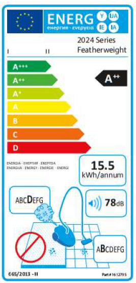 Energy label shows vacuum cleaner's energy efficiency, sound level, and other details. It has a rating of A++.