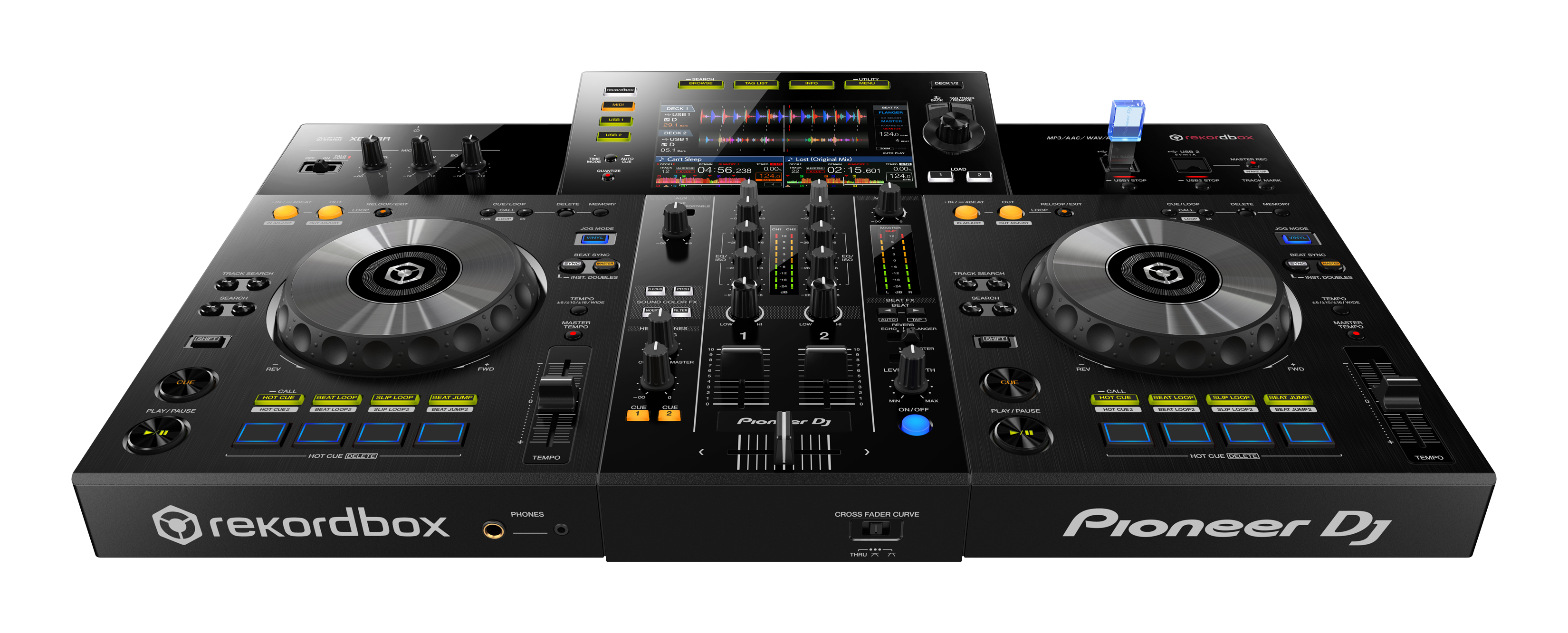 A black Pioneer DJ controller with two turntables, a mixer, and a display screen. It has various knobs and buttons.