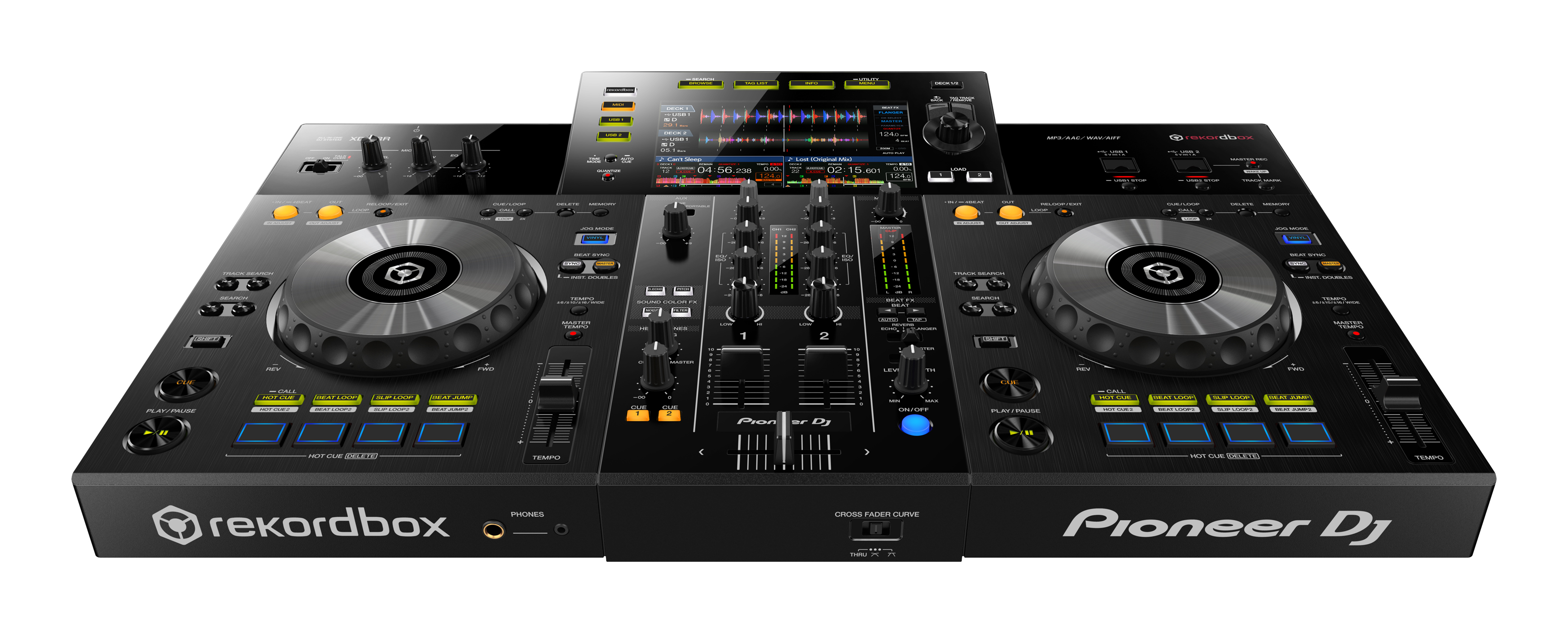 DJ mixer with two turntables and a screen. Black color with a white background.
