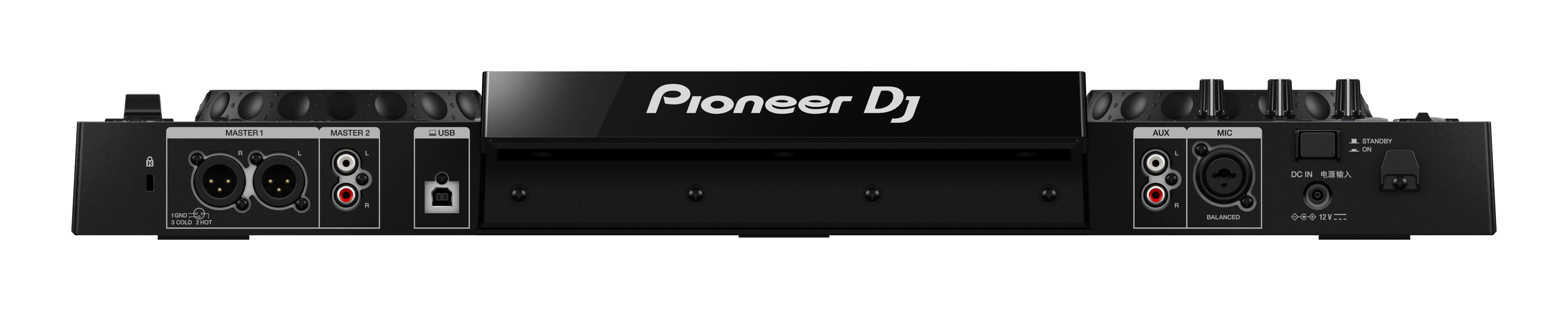 A black Pioneer DJ mixer. The back of the mixer has multiple inputs and outputs.