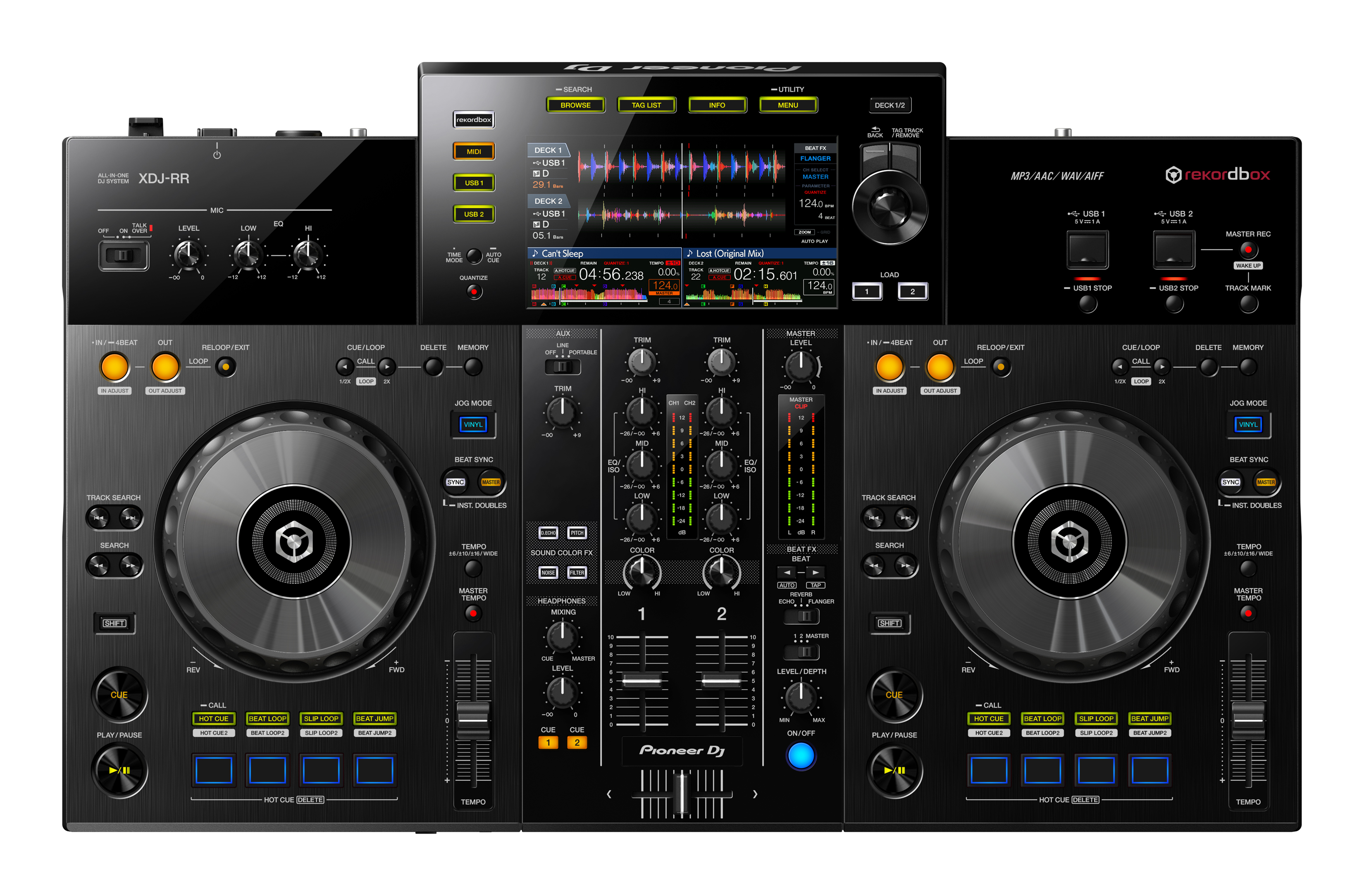 DJ setup with two turntables and a mixer with a display.