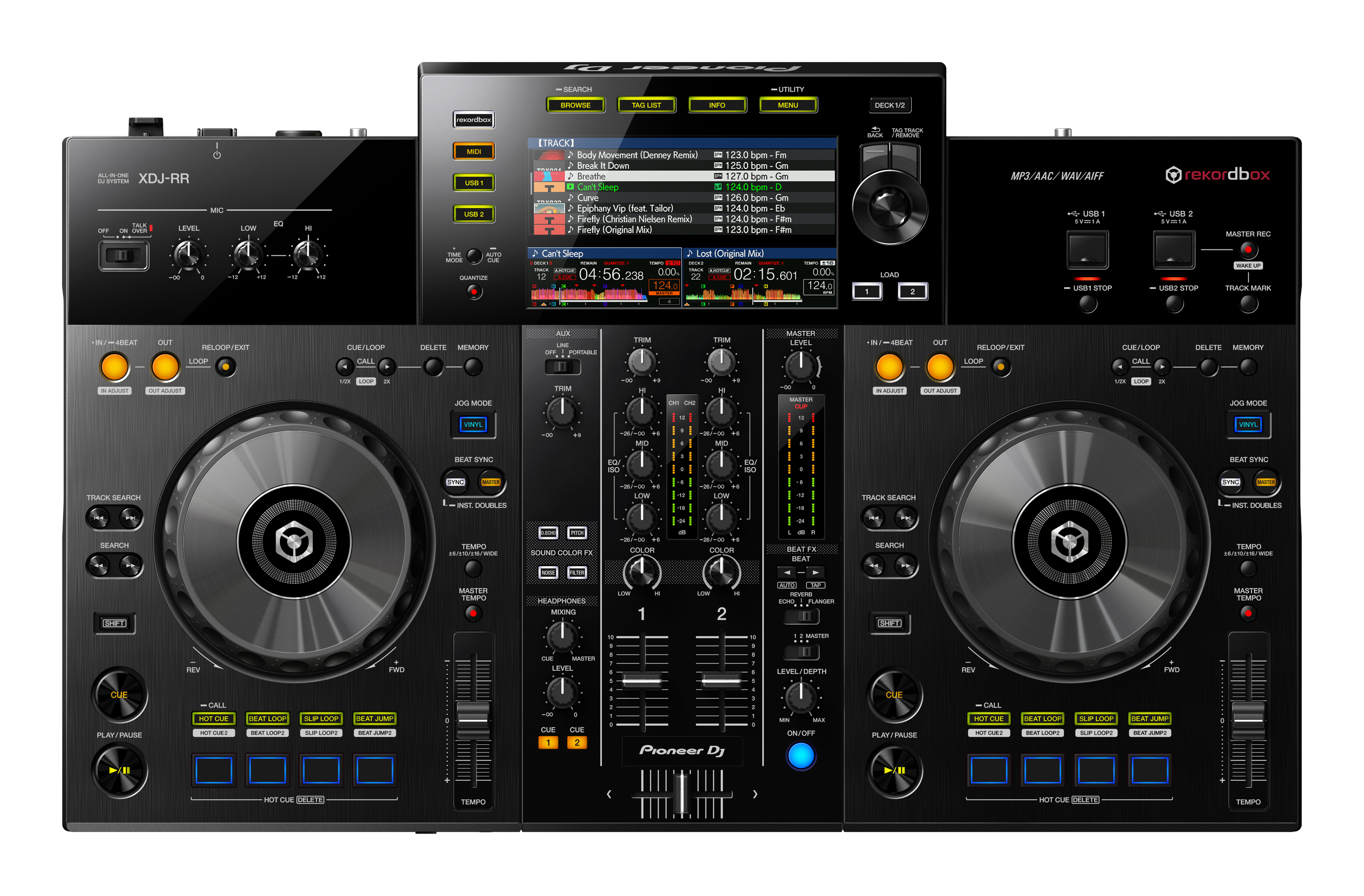 A DJ setup with two turntables and a mixer, all black. There is a screen with music information.