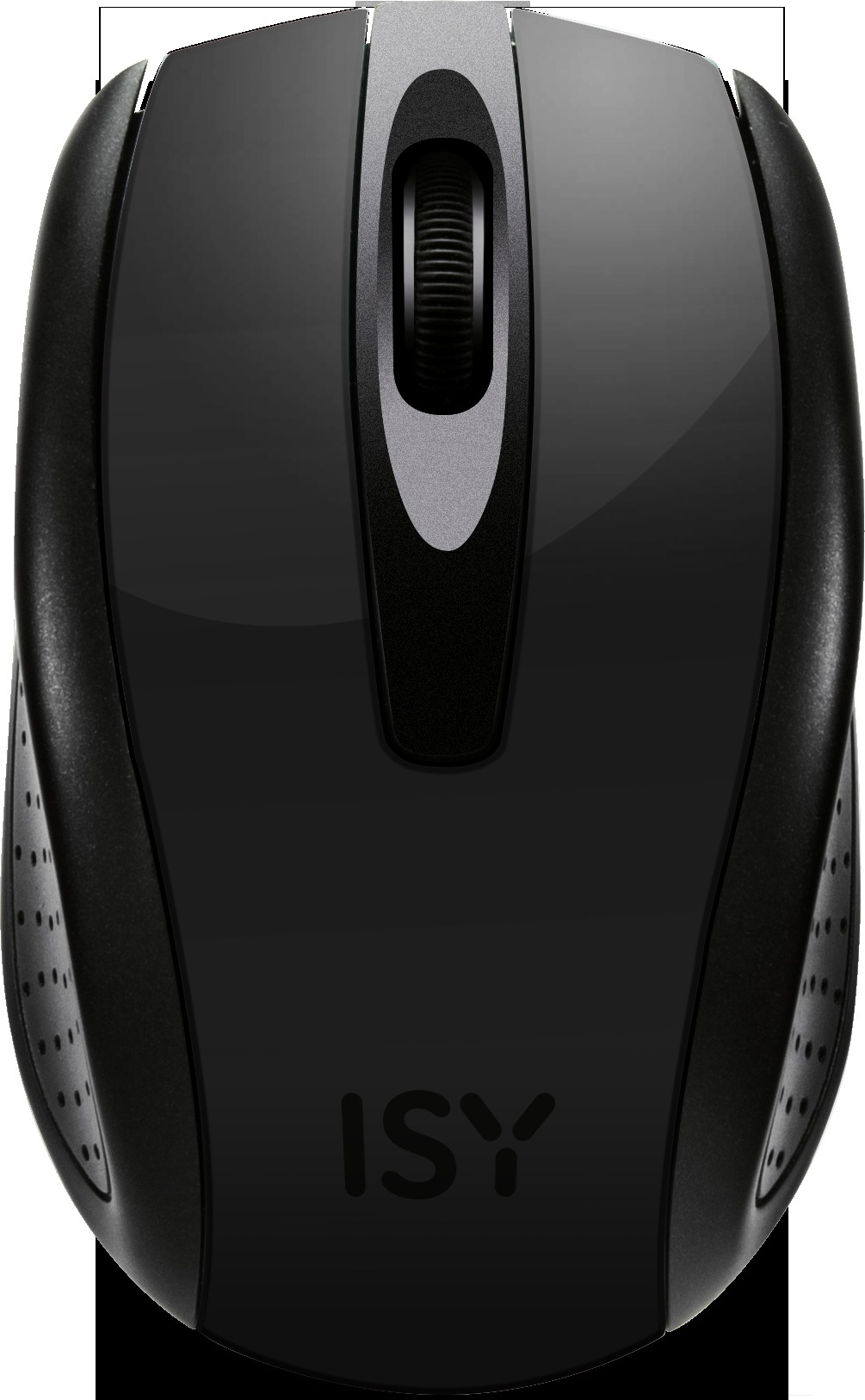Schwarze Computermaus mit Scrollrad und ISY-Logo. Graue Akzente um das Scrollrad.