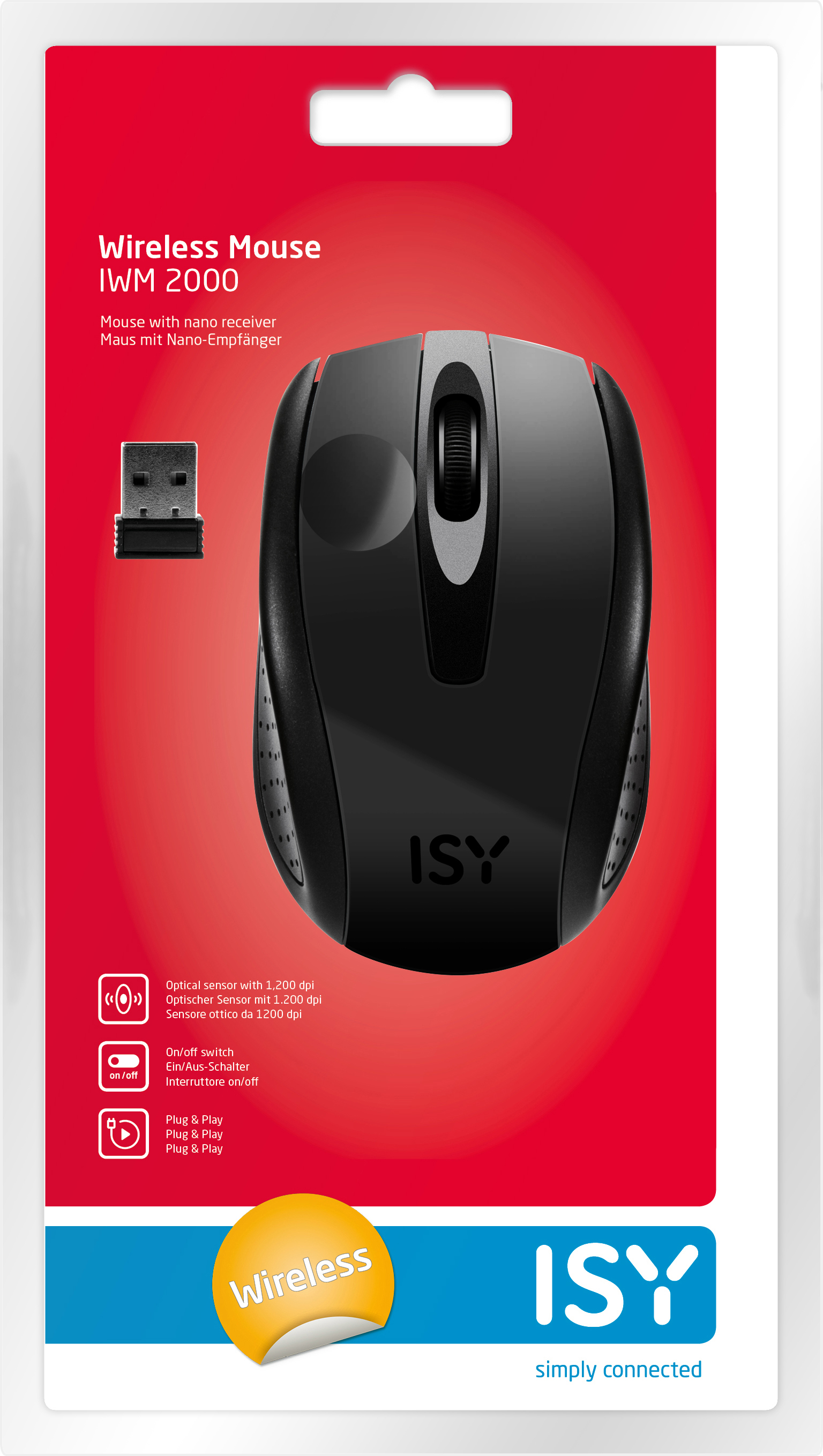Eine rot-schwarze ISY Wireless-Maus in einer Verpackung. Die Maus hat einen schwarzen Körper.