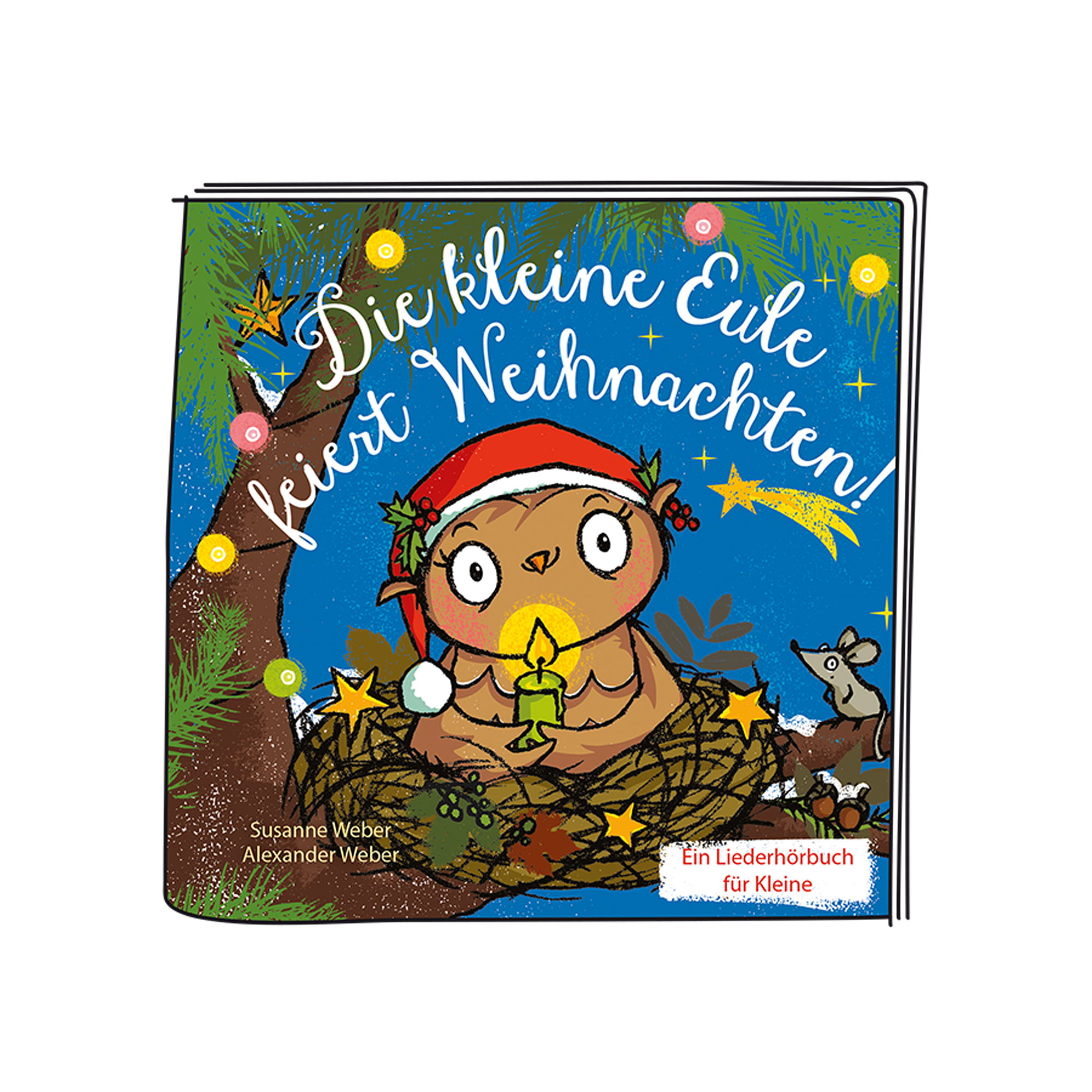 Cover eines Kinderbuchs: Ein brauner Uhu in einem Nest mit Weihnachtsmütze, hält eine Kerze, mit Sternen.