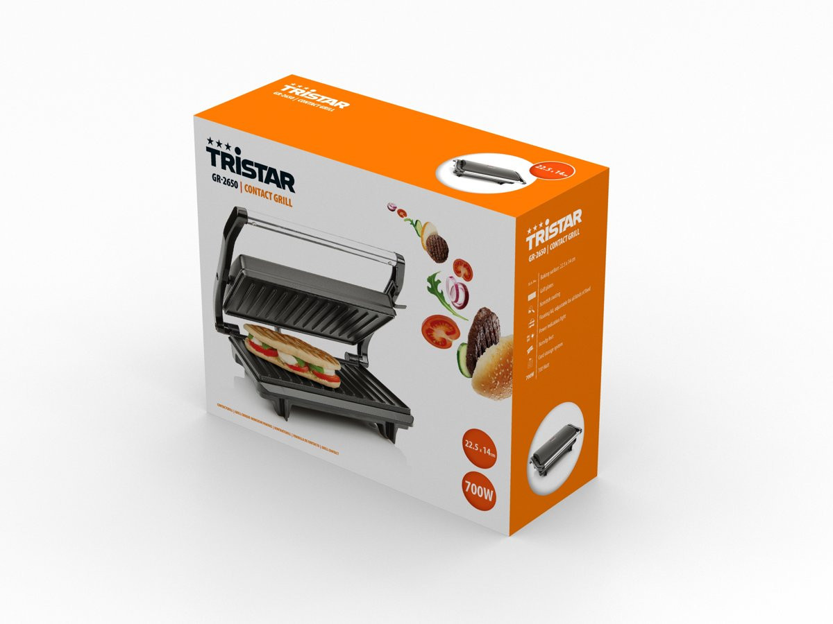 Doos van een Tristar contactgrill. Er staat een afbeelding van de grill en eten op.