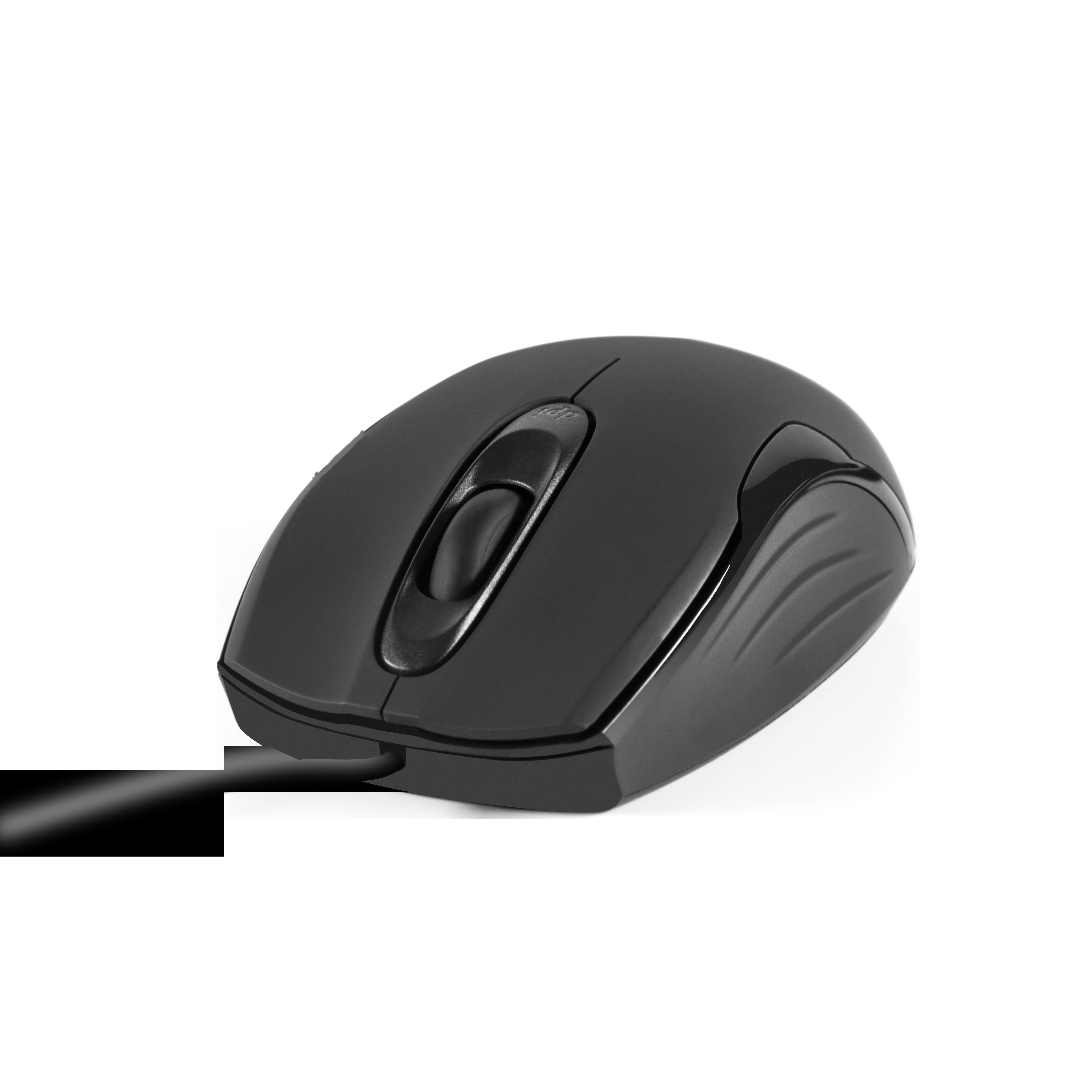 Schwarze Computermaus mit Scrollrad und Seitendesign. Weißer Hintergrund.