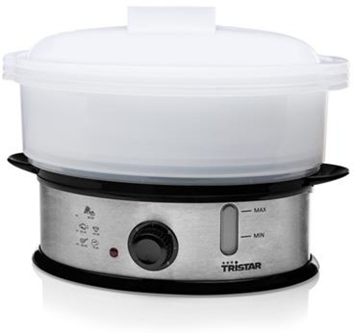 Silver and black steamer with white lid. It has a control knob and indicator lights.