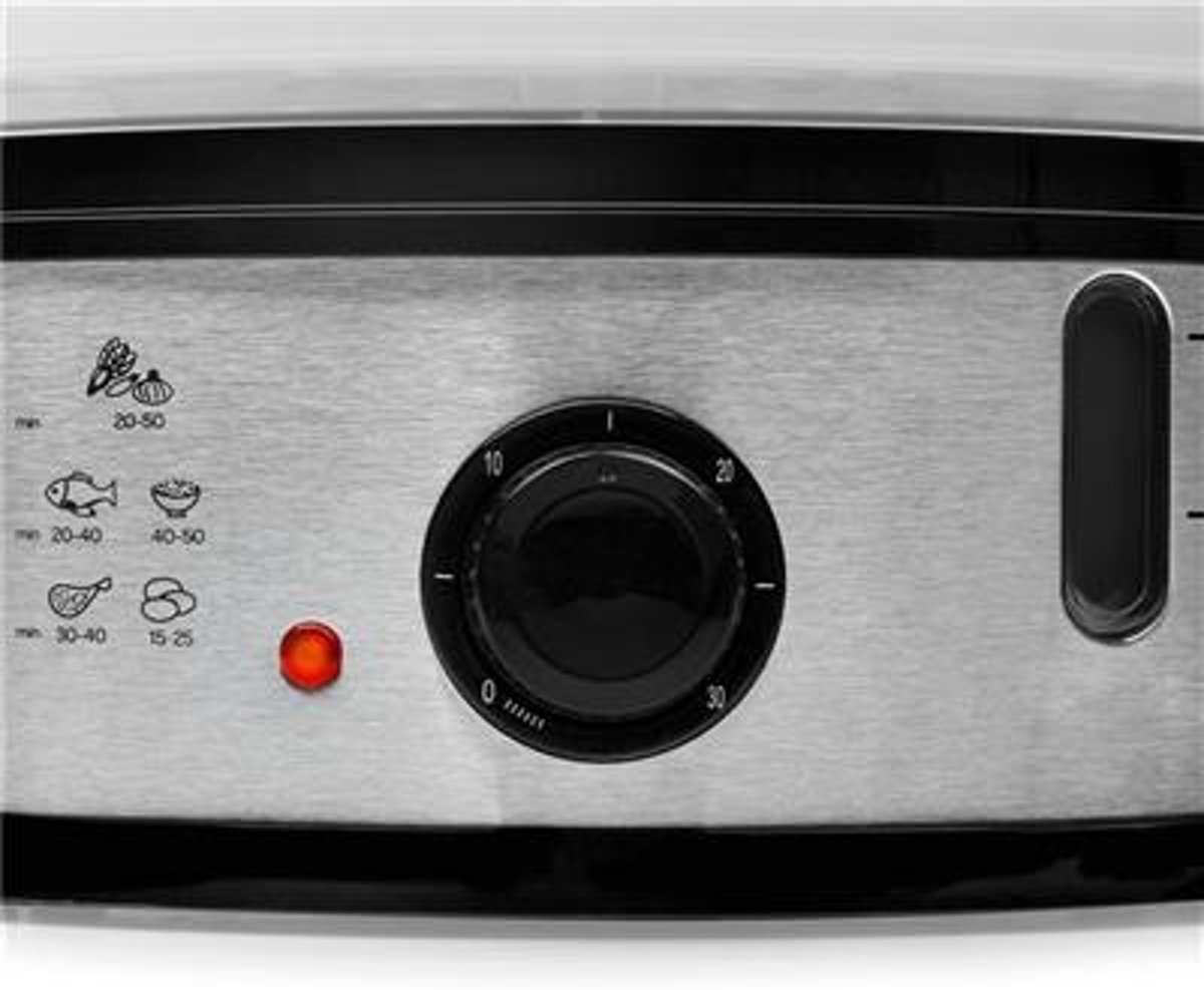 Close up on a stainless steel food steamer control panel. 
