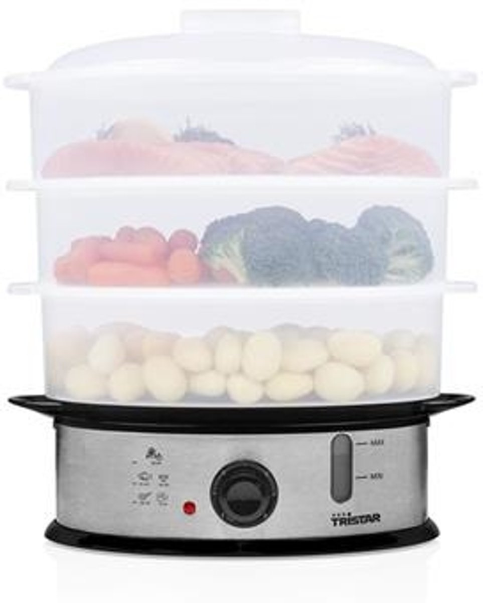 A three-tiered food steamer with vegetables and salmon inside. The base is silver.