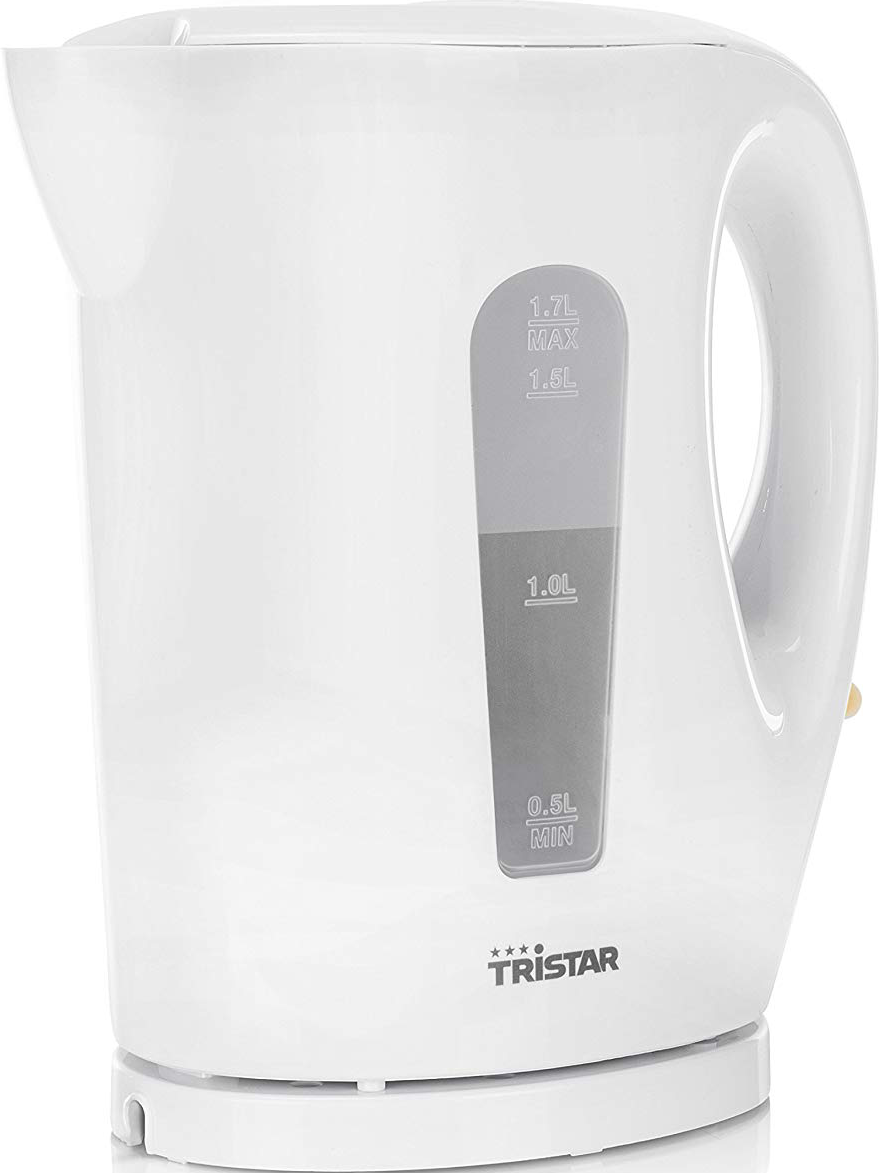 Weißer elektrischer Wasserkocher mit Wasserstandsanzeige. Der Wasserkocher steht auf weißer Basis. Text: Tristar.