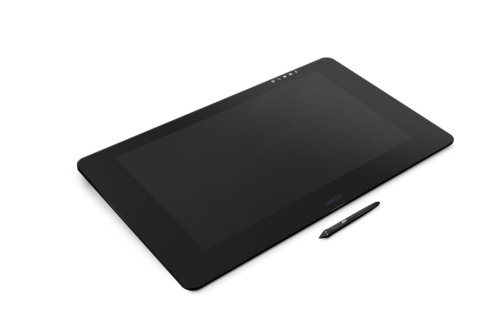 Ein schwarzes Wacom-Zeichentablett mit einem Stift auf einer weißen Oberfläche. Das Tablet ist rechteckig.