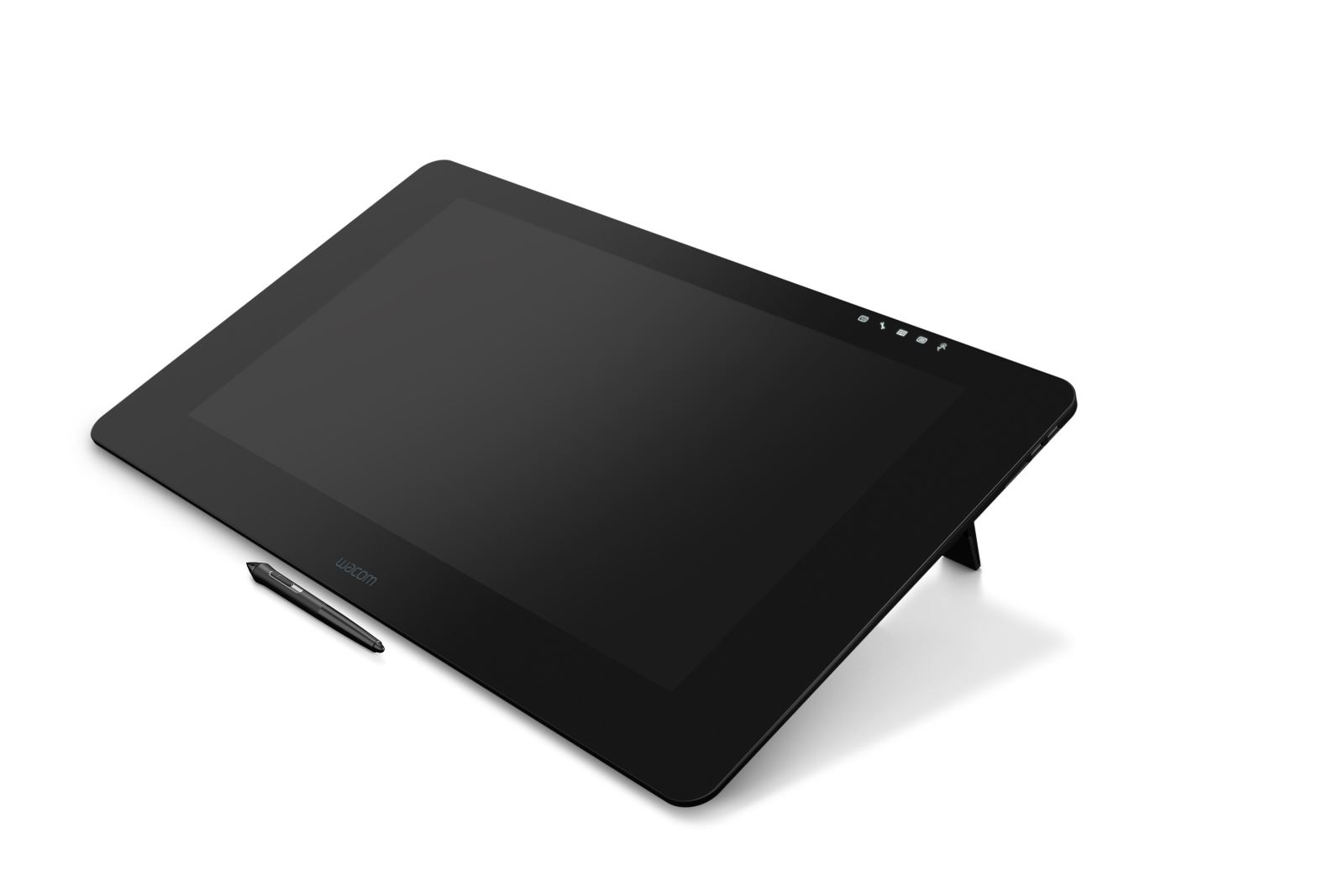 Schwarzes Wacom Grafiktablett mit Stift. Das Tablett ist angewinkelt.
