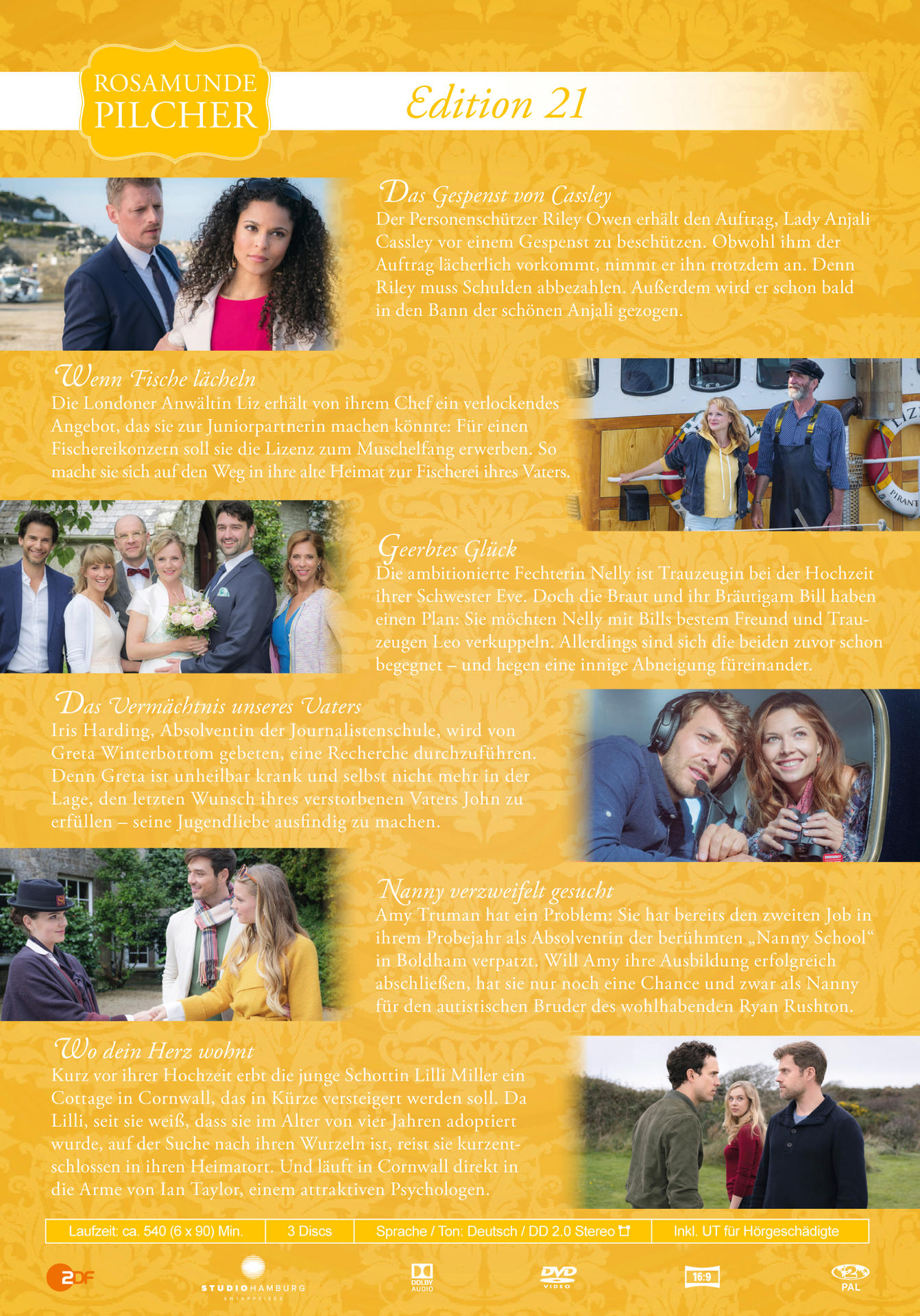 Ein DVD-Cover mit Schauspielern, Text auf Deutsch und dem Titel 'Rosamunde Pilcher'.