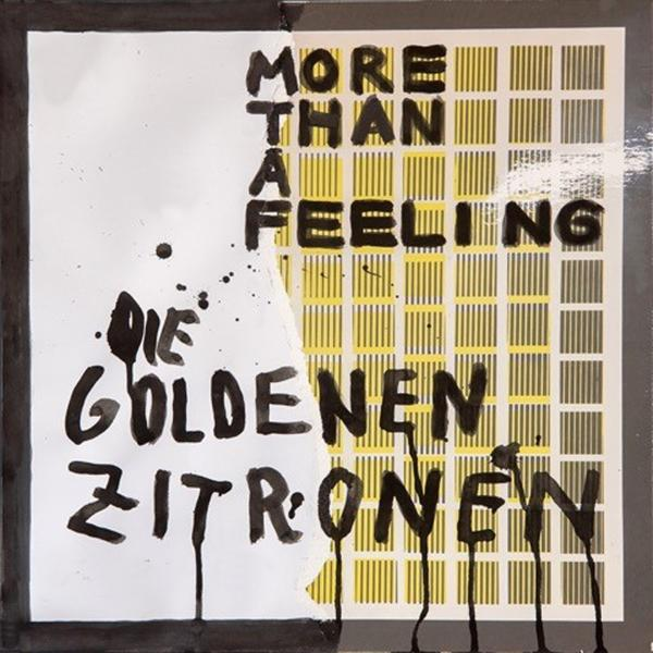 Kunst: 'Die Goldenen Zitronen' Albumcover. Schwarze Farbtropfen auf weißem und gelbem Hintergrund.