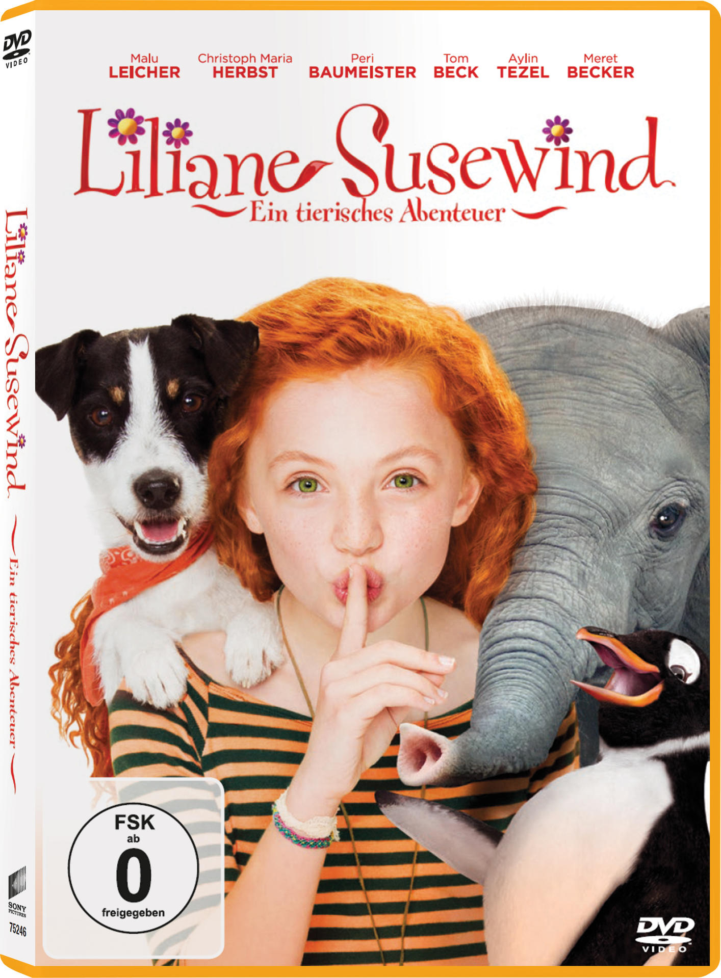 Liliane Susewind DVD-Cover. Es zeigt ein Mädchen mit einem Hund, einem Elefanten und einem Pinguin. Weißer Hintergrund.