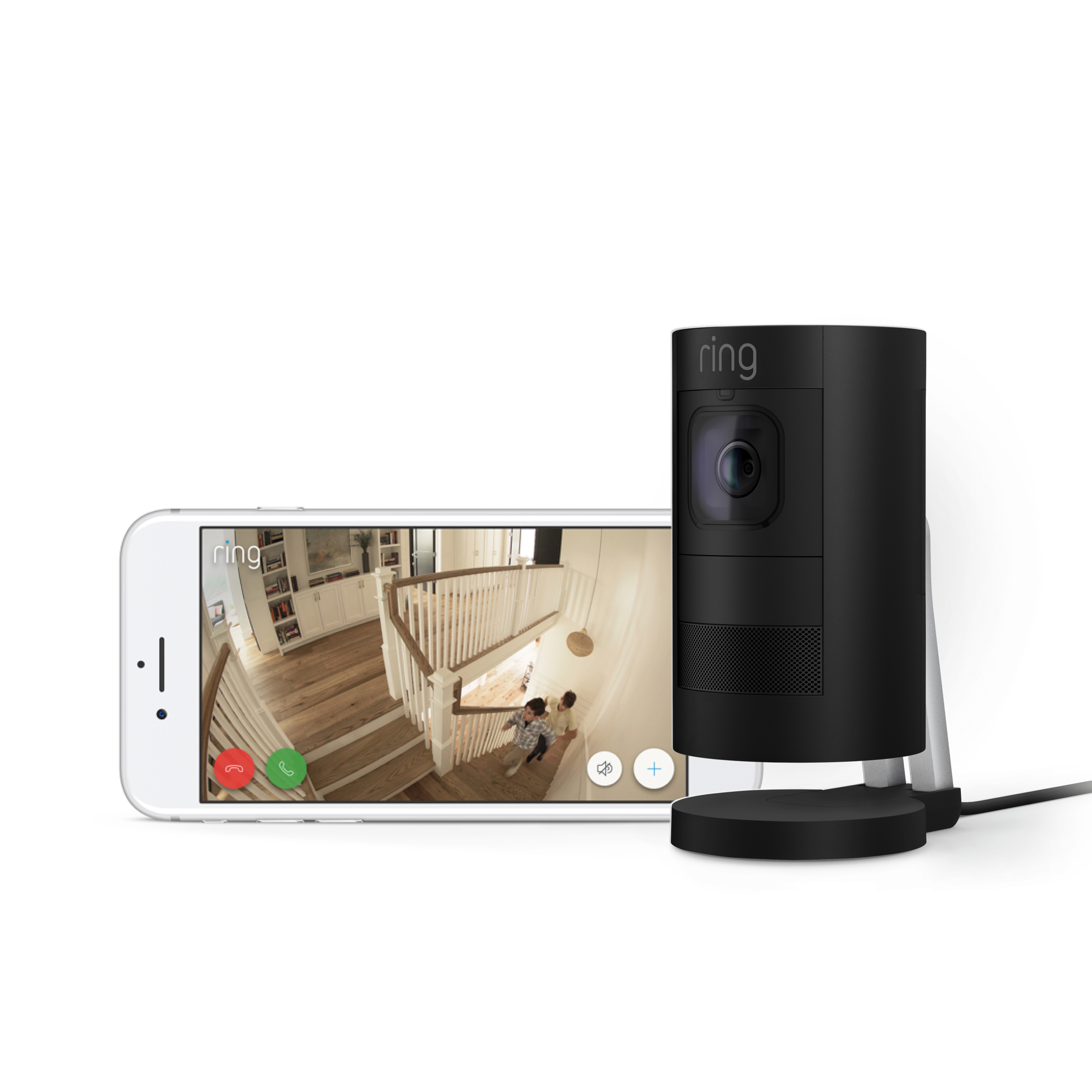 Eine schwarze Überwachungskamera und ein Smartphone mit Treppen.