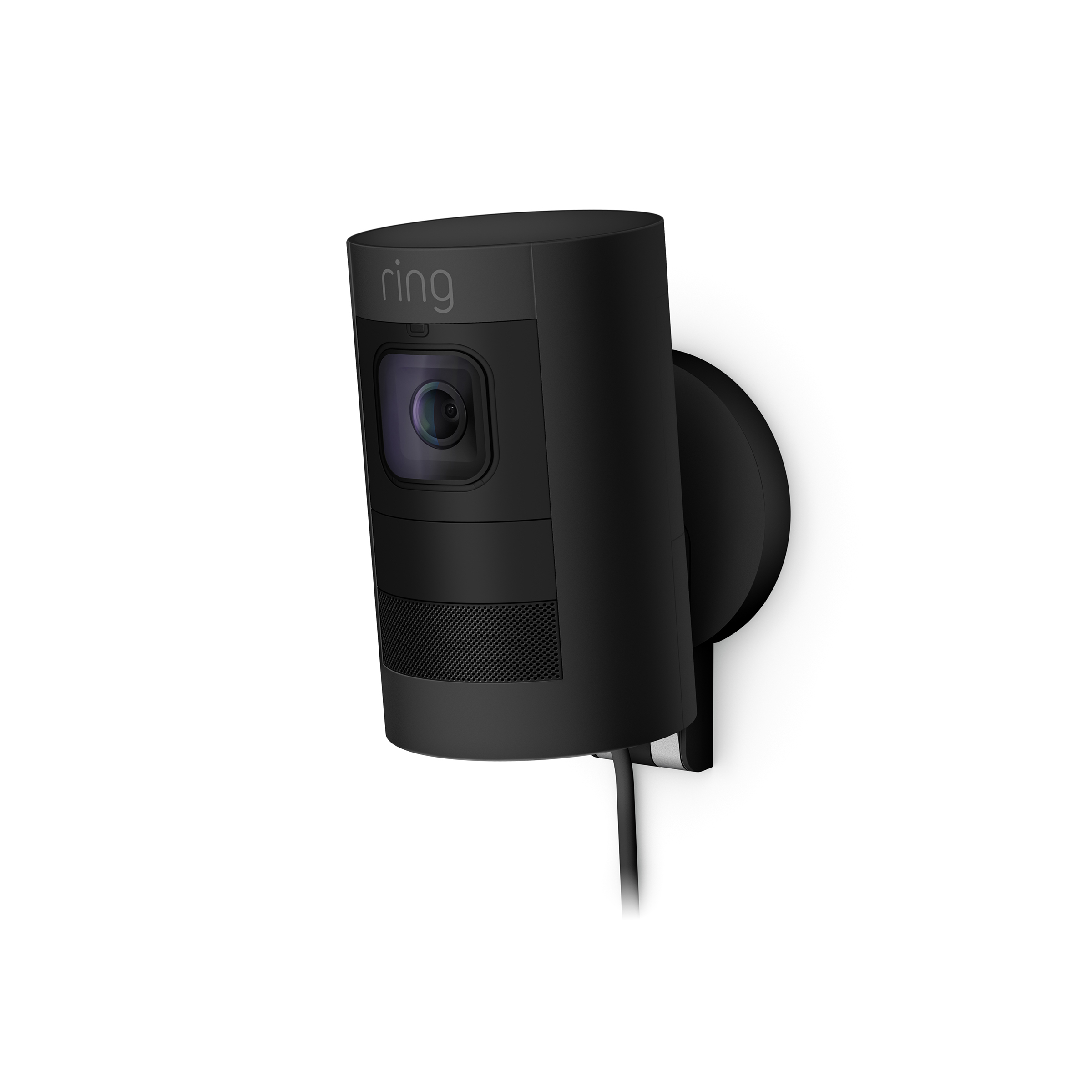 Schwarze Ring-Sicherheitskamera an einer weißen Wand. Die Kamera ist montiert, mit Kabel.