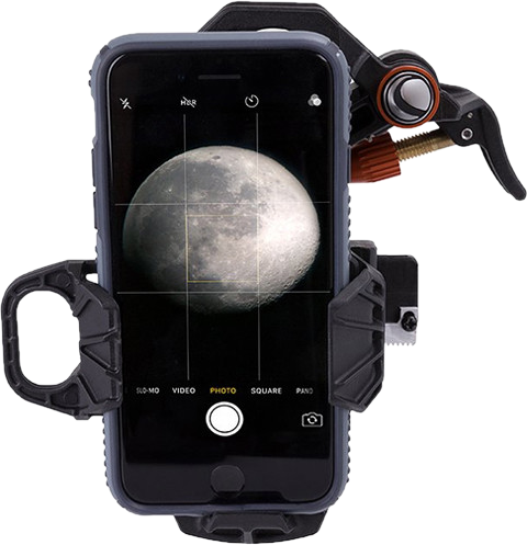 Un téléphone monté dans un support, affichant une image de la lune, utilisé pour la photographie.
