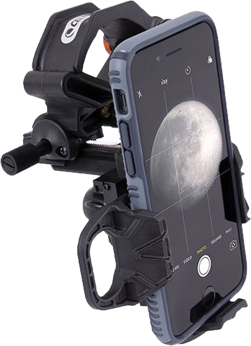 Téléphone dans support, montrant image de lune. Support noir et gris avec boutons réglage.