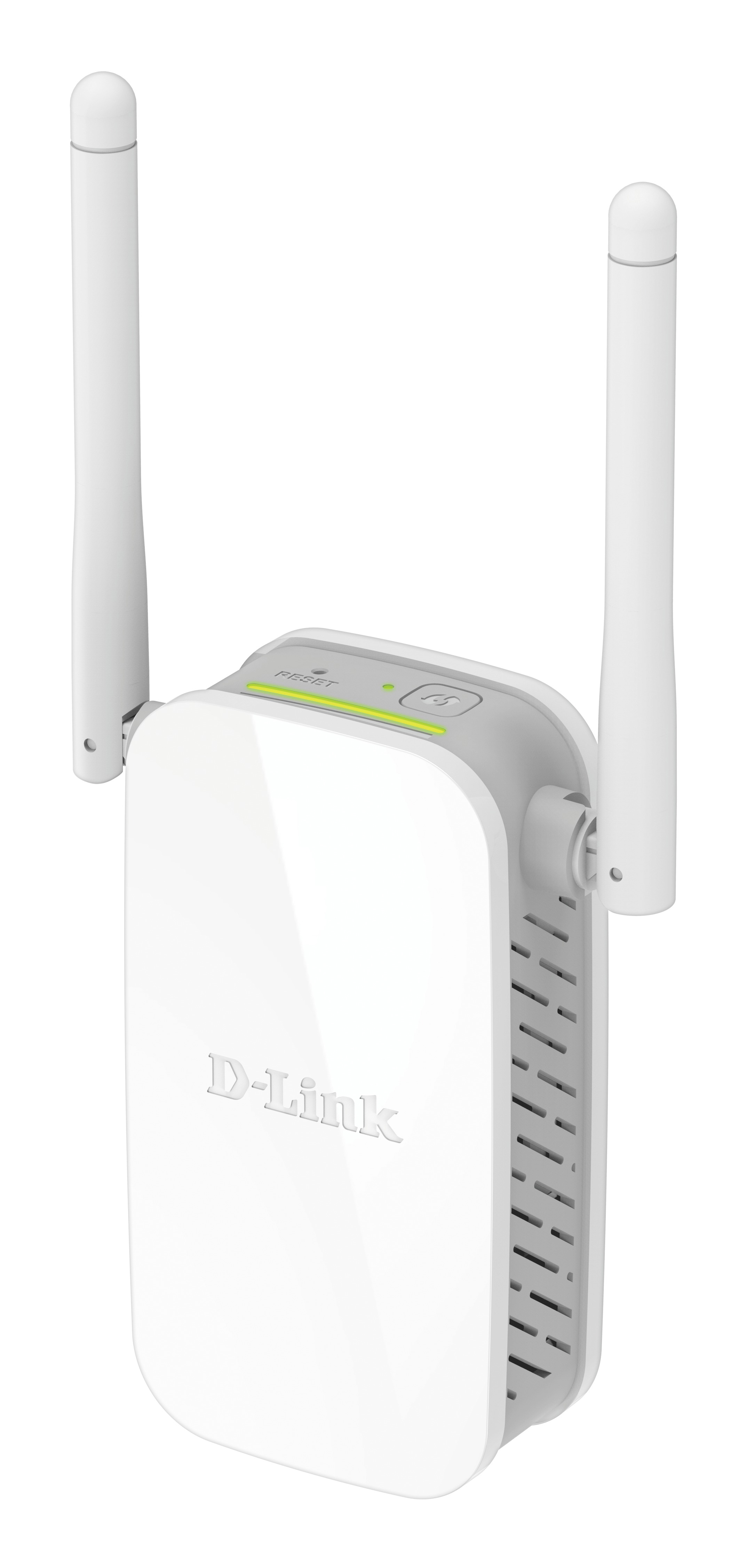 Weißer D-Link Wi-Fi-Repeater mit zwei Antennen, Power- und Reset-Tasten und Lüftungsschlitzen.