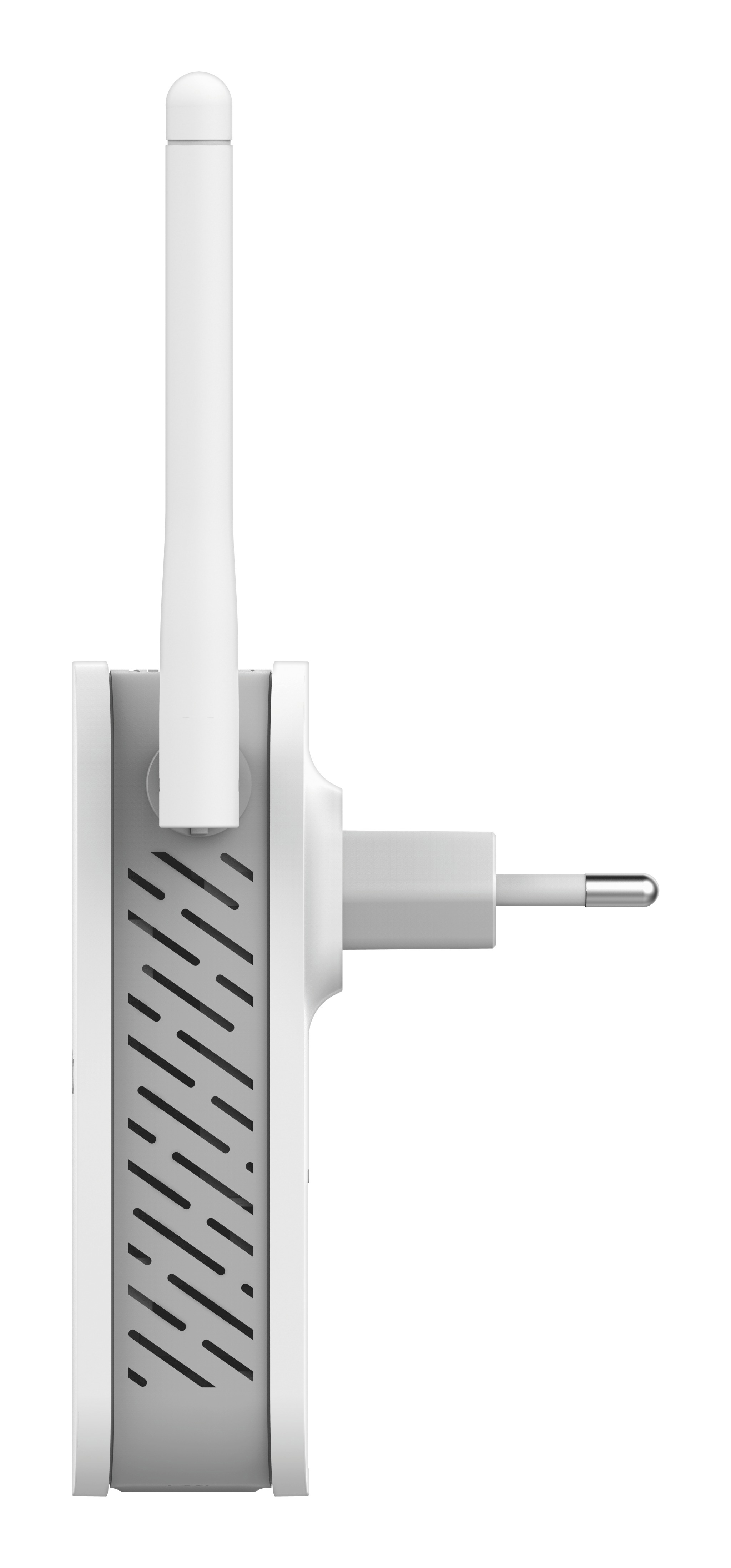 Weißer WLAN-Repeater mit Antenne und Stecker.