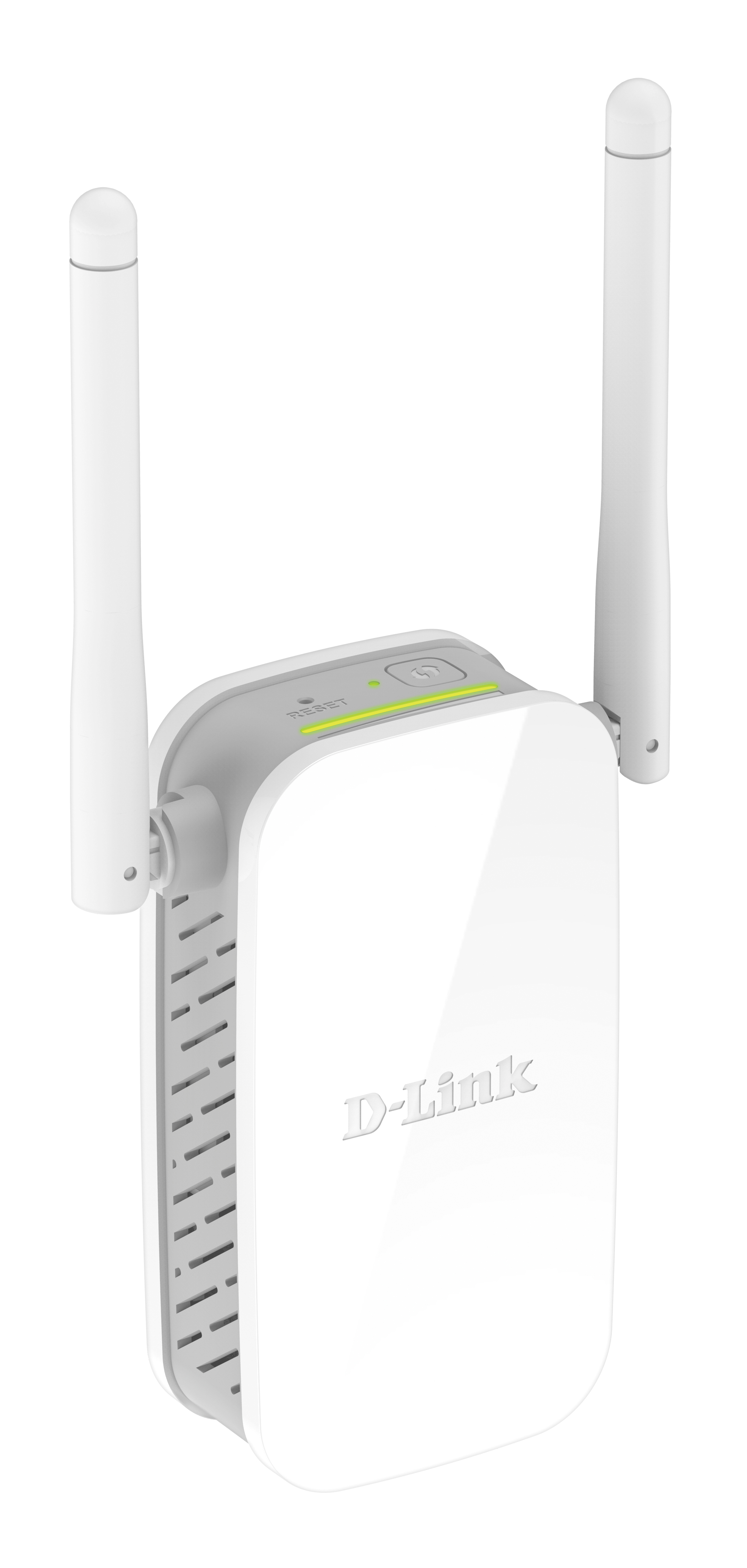 Weißer D-Link Wi-Fi Extender mit zwei Antennen. Er hat ein grünes Reset-Licht und einen Ein- / Ausschalter.