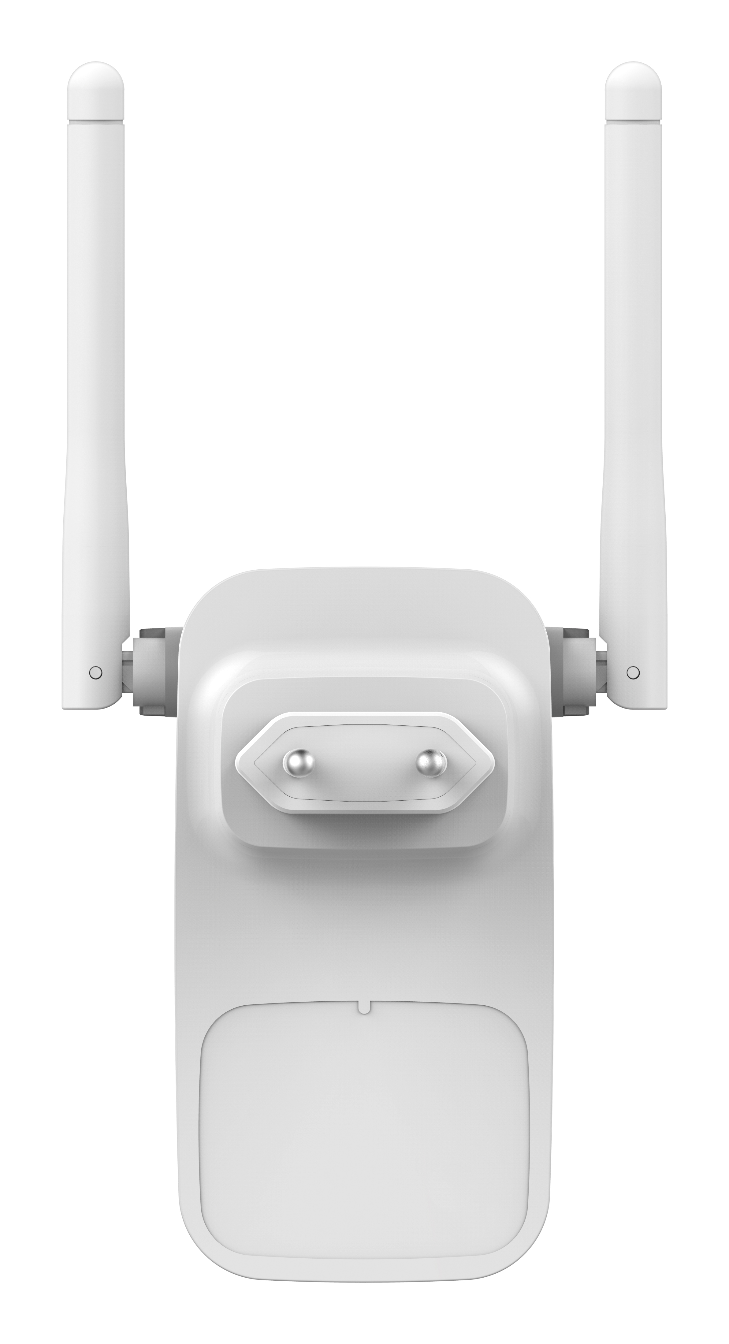 Weißer WLAN-Repeater mit Antennen. Plug-in-Design. Weißer Hintergrund.