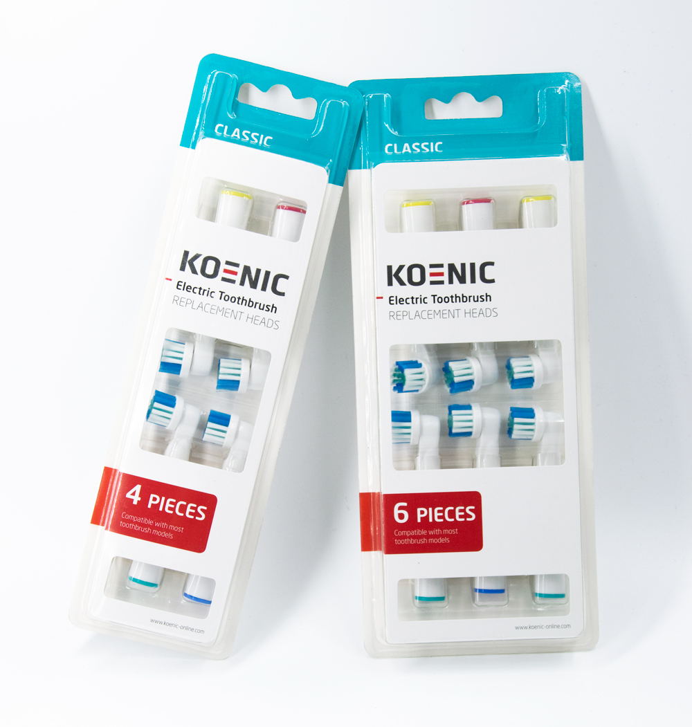 Zwei Packungen Ersatzköpfe für elektrische Zahnbürsten mit der Marke KOENIC.